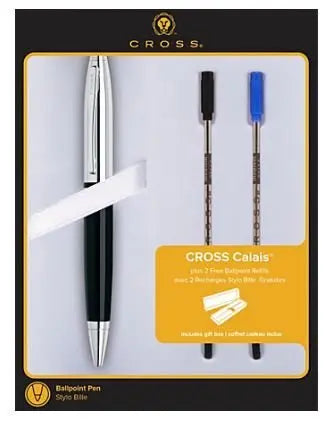 Cross Calais Chrome/Black Ballpoint Pen Plus 2 Ballpoint Refills, AT0112H-2/16 Cross