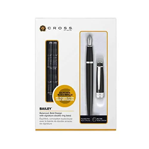 Cross Bailey Black Lacquer Fountain Pen w/ 6 Refill Gift Box Cross