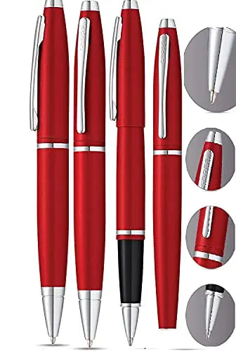 A.T. Cross Cross Matte Deep Red with, polished Chrome Appointments and signature mid Band Calaise Selectip Black Gel Ink Rollerball pen Ballpoint set. A Great Gift anyone any Occasion Cross