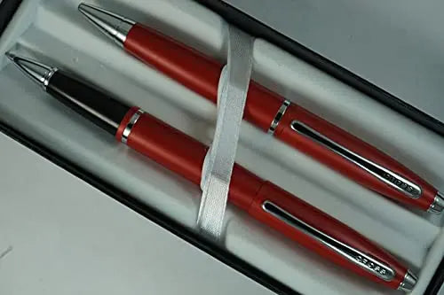 A.T. Cross Cross Matte Deep Red with, polished Chrome Appointments and signature mid Band Calaise Selectip Black Gel Ink Rollerball pen Ballpoint set. A Great Gift anyone any Occasion Cross