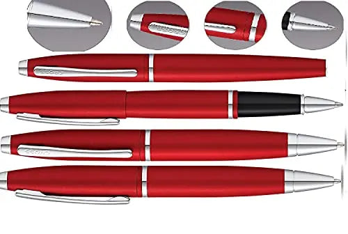 A.T. Cross Cross Matte Deep Red with, polished Chrome Appointments and signature mid Band Calaise Selectip Black Gel Ink Rollerball pen Ballpoint set. A Great Gift anyone any Occasion Cross