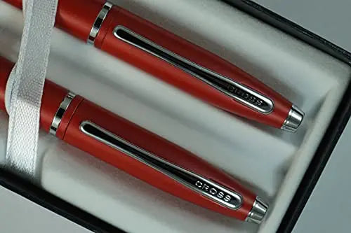A.T. Cross Cross Matte Deep Red with, polished Chrome Appointments and signature mid Band Calaise Selectip Black Gel Ink Rollerball pen Ballpoint set. A Great Gift anyone any Occasion Cross