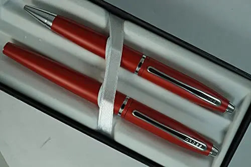 A.T. Cross Cross Matte Deep Red with, polished Chrome Appointments and signature mid Band Calaise Selectip Black Gel Ink Rollerball pen Ballpoint set. A Great Gift anyone any Occasion Cross