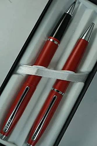A.T. Cross Cross Matte Deep Red with, polished Chrome Appointments and signature mid Band Calaise Selectip Black Gel Ink Rollerball pen Ballpoint set. A Great Gift anyone any Occasion Cross
