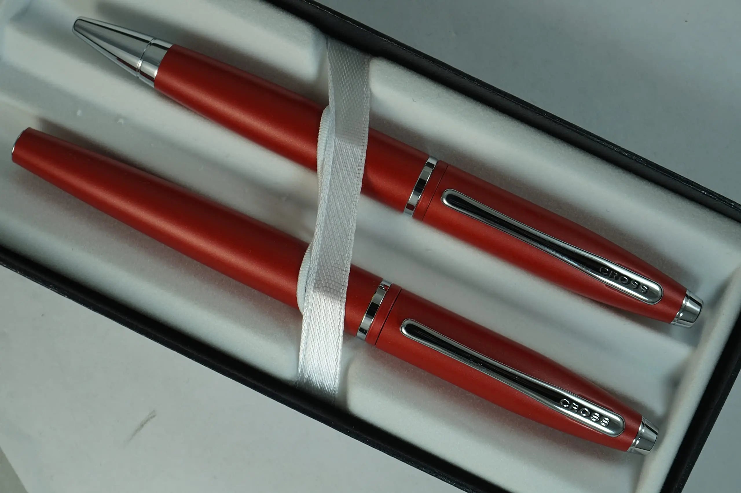 A.T. Cross Cross Matte Deep Red with, polished Chrome Appointments and signature mid Band Calaise Selectip Black Gel Ink Rollerball pen Ballpoint set. A Great Gift anyone any Occasion Cross
