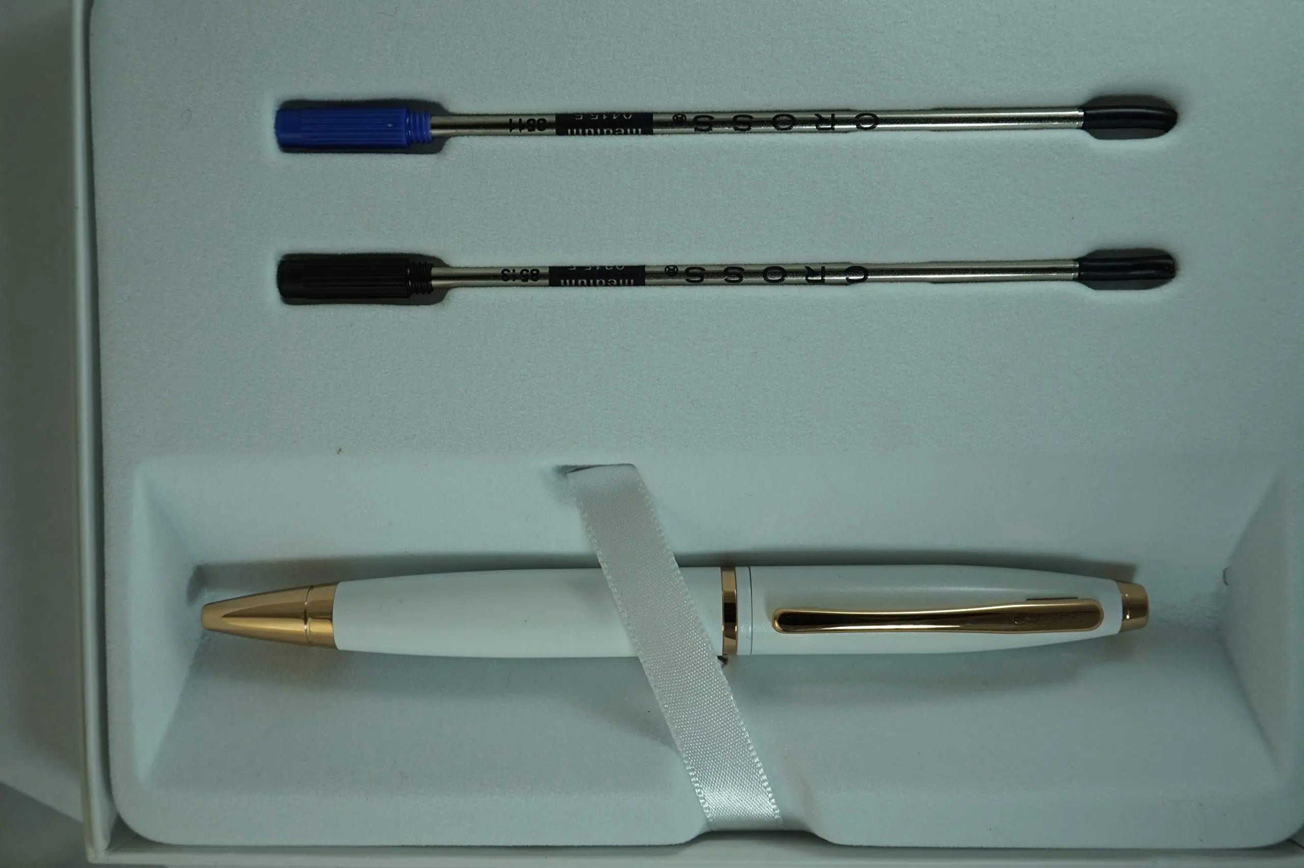 A.T. Cross Pearlescent White Medalist and 23KT Rose Gold Appointments and Cross signature mid Band Calaise Ballpoint Pen and two Bonus refills . A Gift Pen for Anyone and Any Occasion - crosspenmall.com