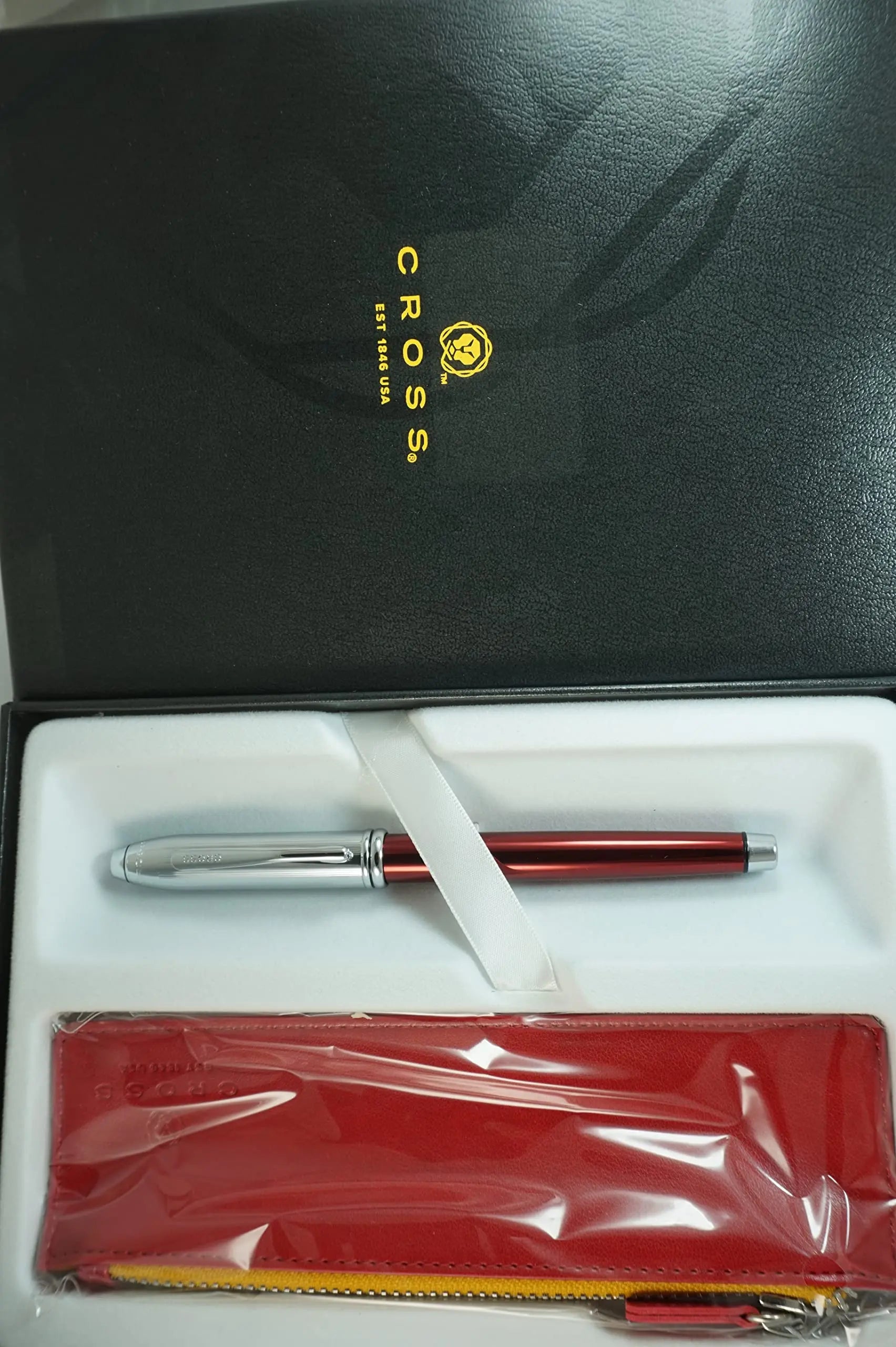 A.T. Cross Townsend Red Lacquer Tuxedo Selectip Gel ink Rollerball Pen and Matching Red Pen Pouch Set Cross