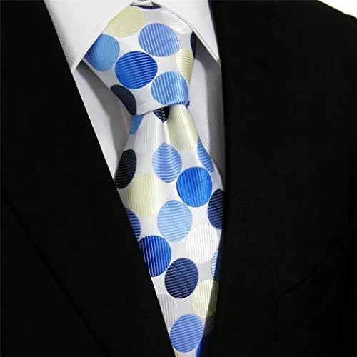 Classic Corporate Executive Wardrobe Accessory, Navy Blue, Sky Blue, Midnight Blue and Beige Polka Dot 3.4" Handmade Silk Classic Jacquard Men's Tie (Necktie) Intrepid