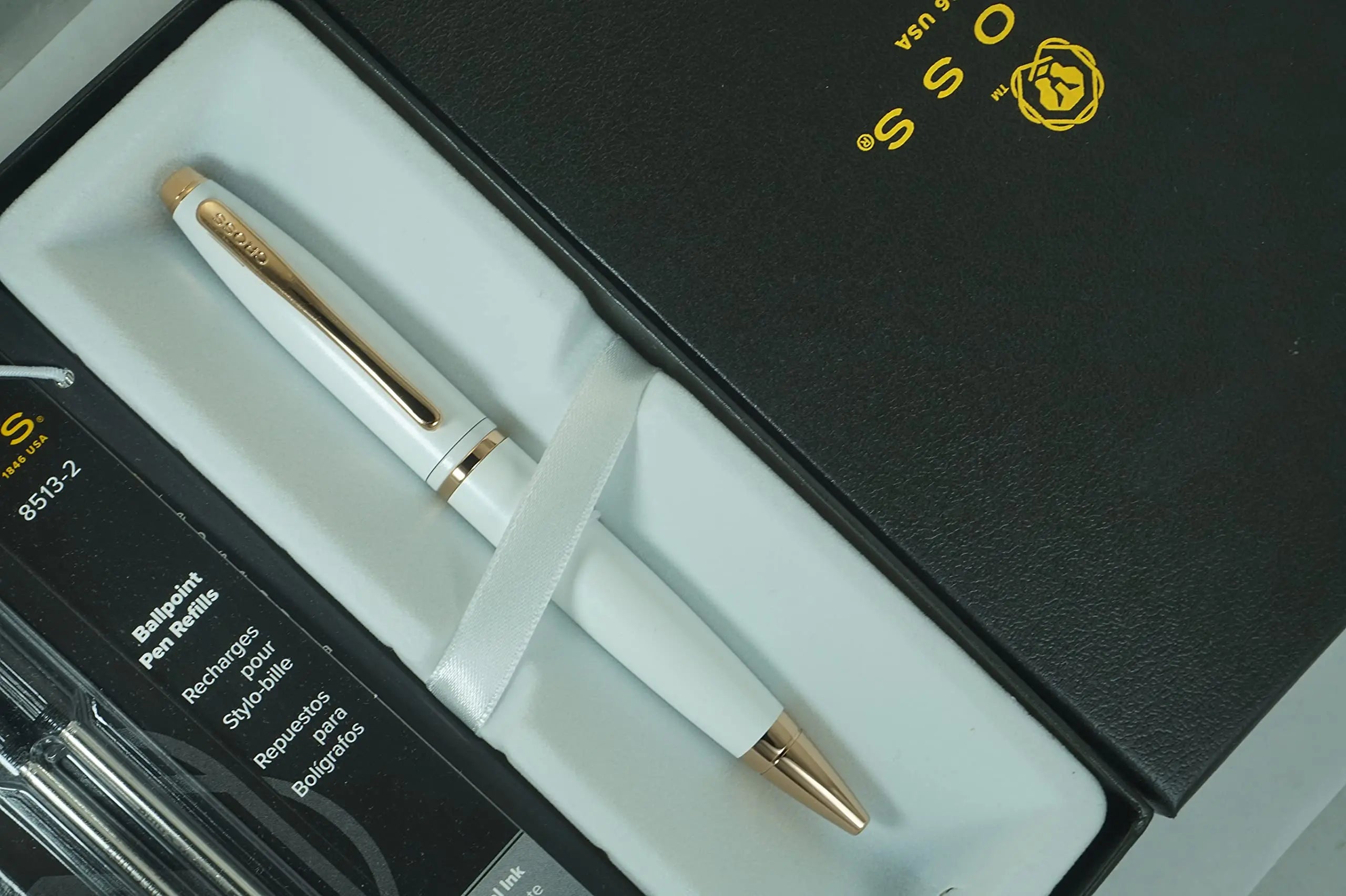 Cross A.T Pearlescent Lightening White Medalist and 23KT Rose Gold Appointments signature mid Band Calaise Ballpoint Pen and two Bonus refills A Gift Pen for Anyone and Any Occasion Cross