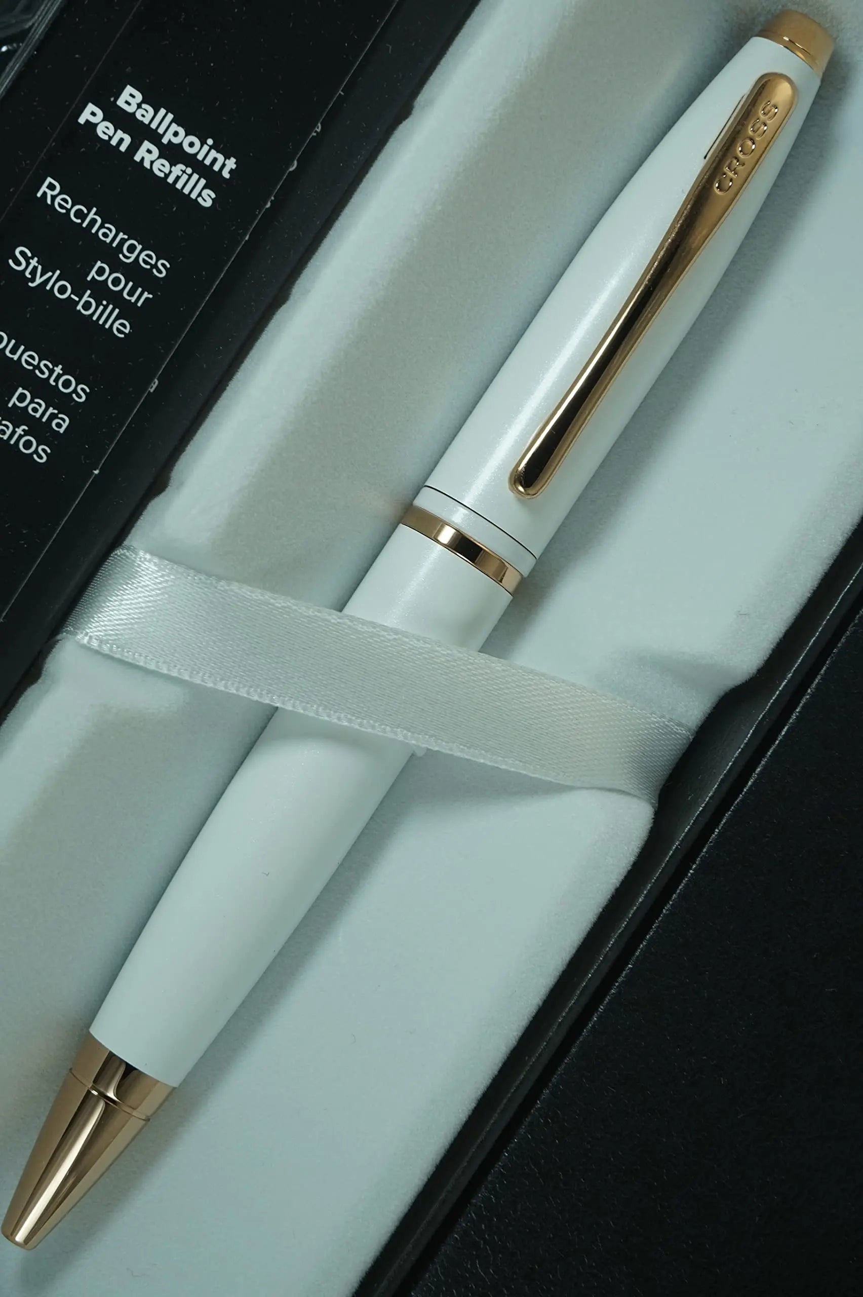Cross A.T Pearlescent Lightening White Medalist and 23KT Rose Gold Appointments signature mid Band Calaise Ballpoint Pen and two Bonus refills A Gift Pen for Anyone and Any Occasion Cross