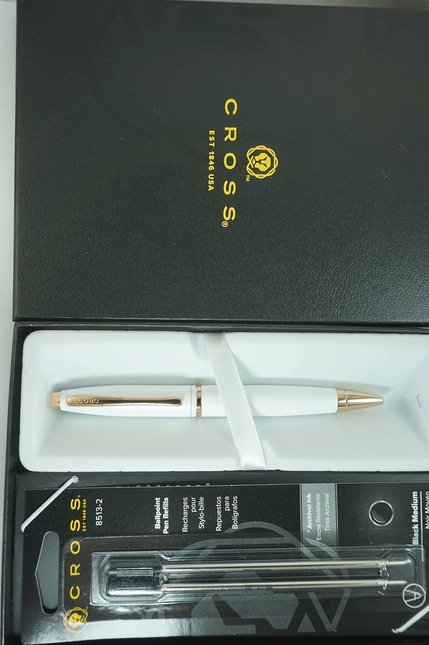 Cross A.T Pearlescent Lightening White Medalist and 23KT Rose Gold Appointments signature mid Band Calaise Ballpoint Pen and two Bonus refills A Gift Pen for Anyone and Any Occasion Cross