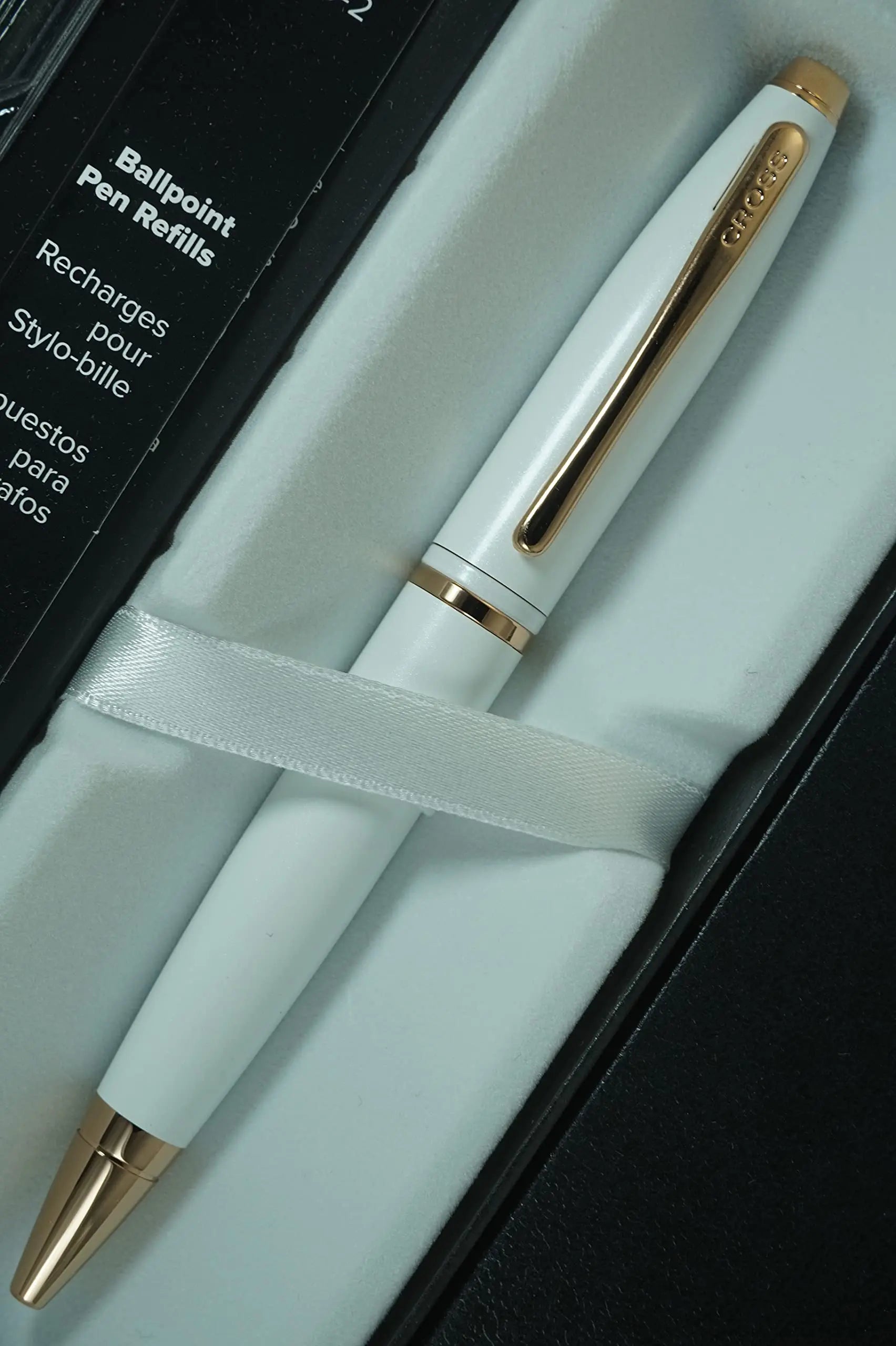 Cross A.T Pearlescent Lightening White Medalist and 23KT Rose Gold Appointments signature mid Band Calaise Ballpoint Pen and two Bonus refills A Gift Pen for Anyone and Any Occasion Cross