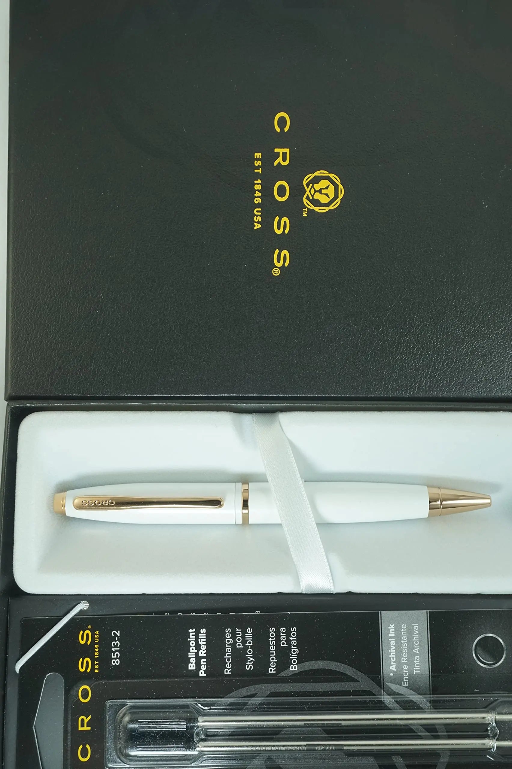 Cross A.T Pearlescent Lightening White Medalist and 23KT Rose Gold Appointments signature mid Band Calaise Ballpoint Pen and two Bonus refills A Gift Pen for Anyone and Any Occasion Cross