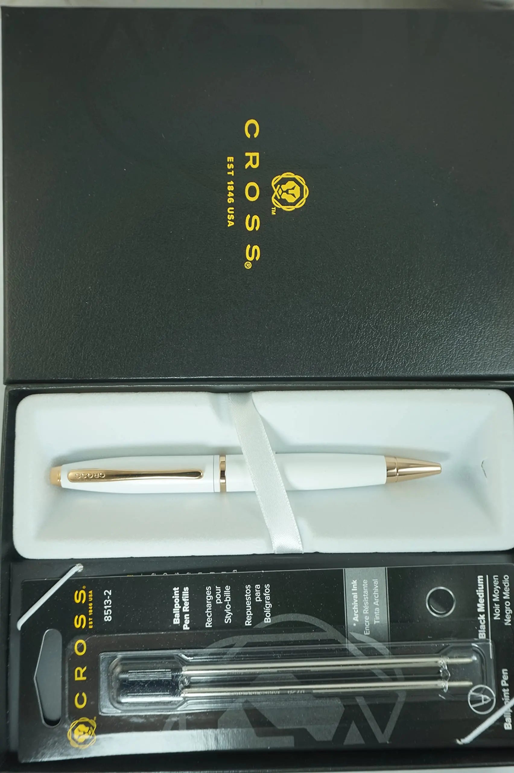 Cross A.T Pearlescent Lightening White Medalist and 23KT Rose Gold Appointments signature mid Band Calaise Ballpoint Pen and two Bonus refills A Gift Pen for Anyone and Any Occasion Cross