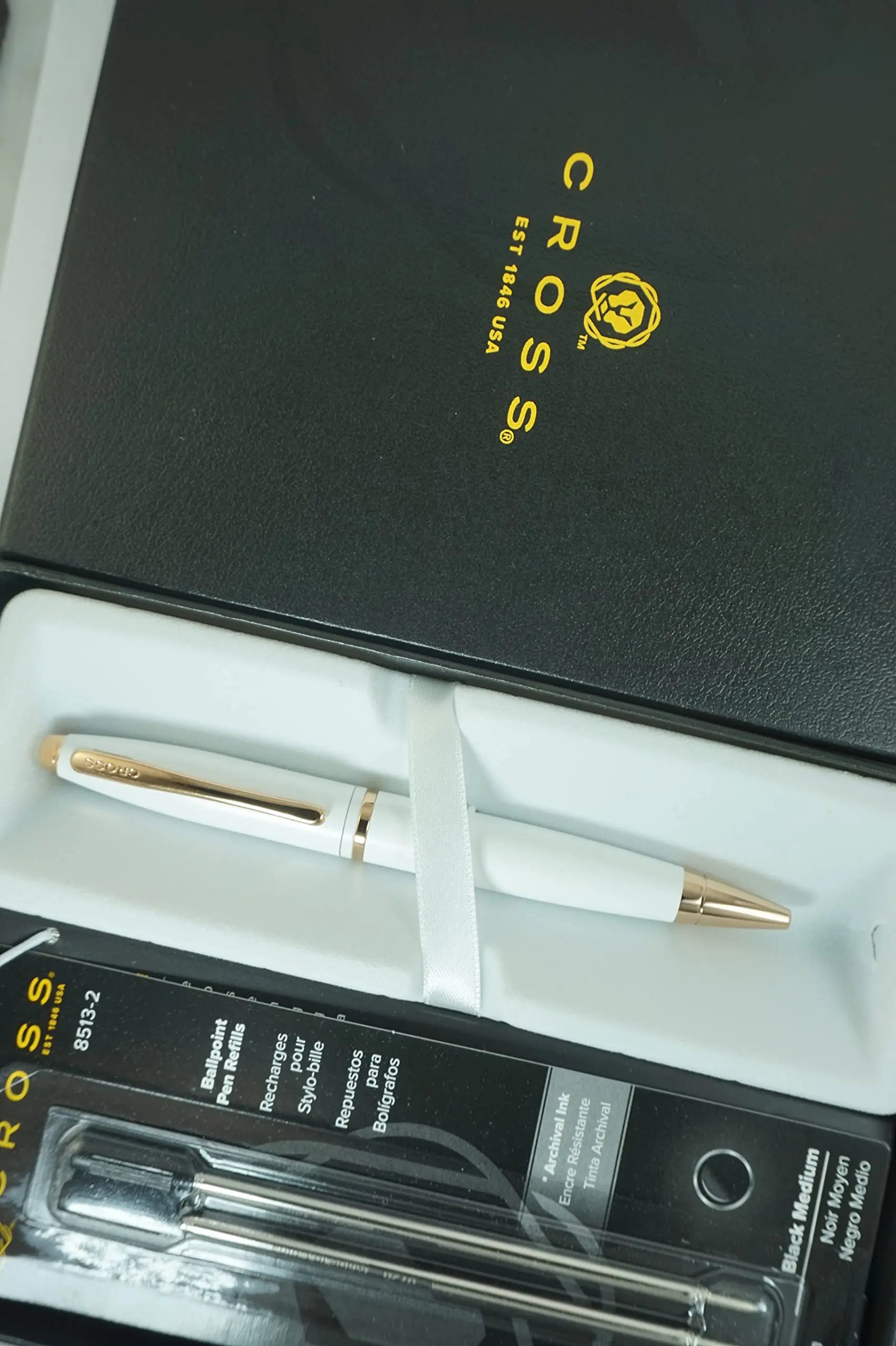 Cross A.T Pearlescent Lightening White Medalist and 23KT Rose Gold Appointments signature mid Band Calaise Ballpoint Pen and two Bonus refills A Gift Pen for Anyone and Any Occasion Cross