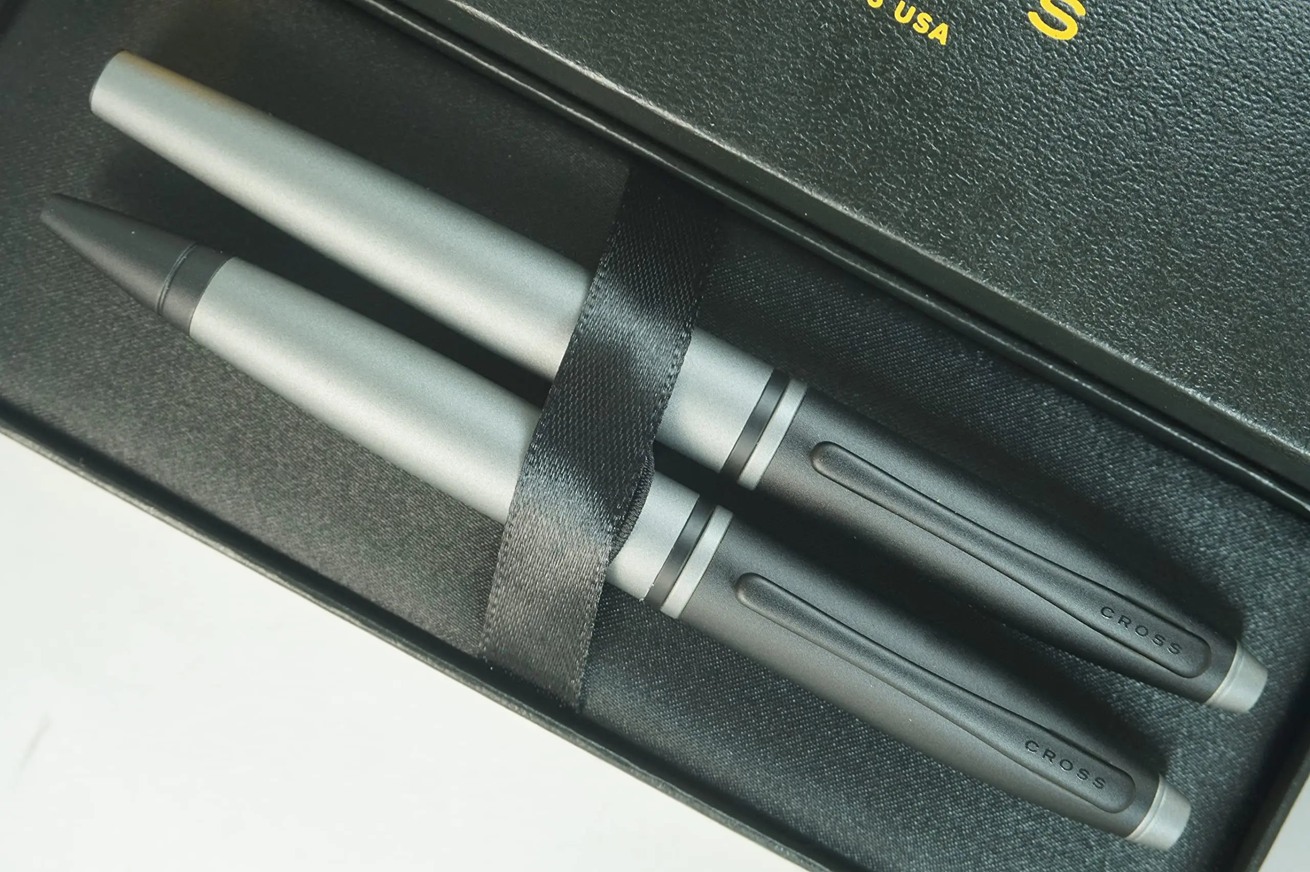Cross A.T.Cross Calais Gray and Black, polished Chrome Appointments signature mid Band Selectip Black Gel Ink Rollerball pen and Ballpoint Pen set. A Great Gift Pen to anyone and any Occasion Cross