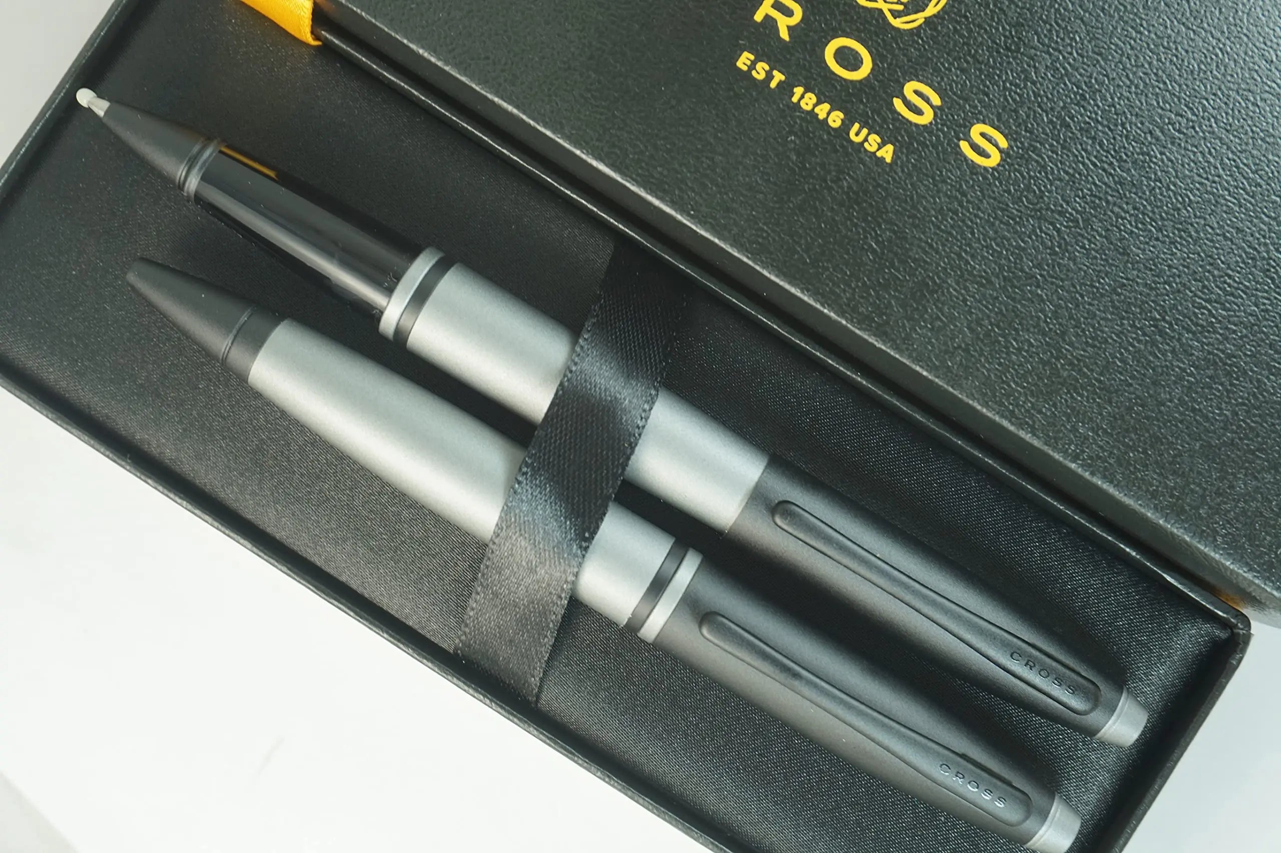 Cross A.T.Cross Calais Gray and Black, polished Chrome Appointments signature mid Band Selectip Black Gel Ink Rollerball pen and Ballpoint Pen set. A Great Gift Pen to anyone and any Occasion Cross