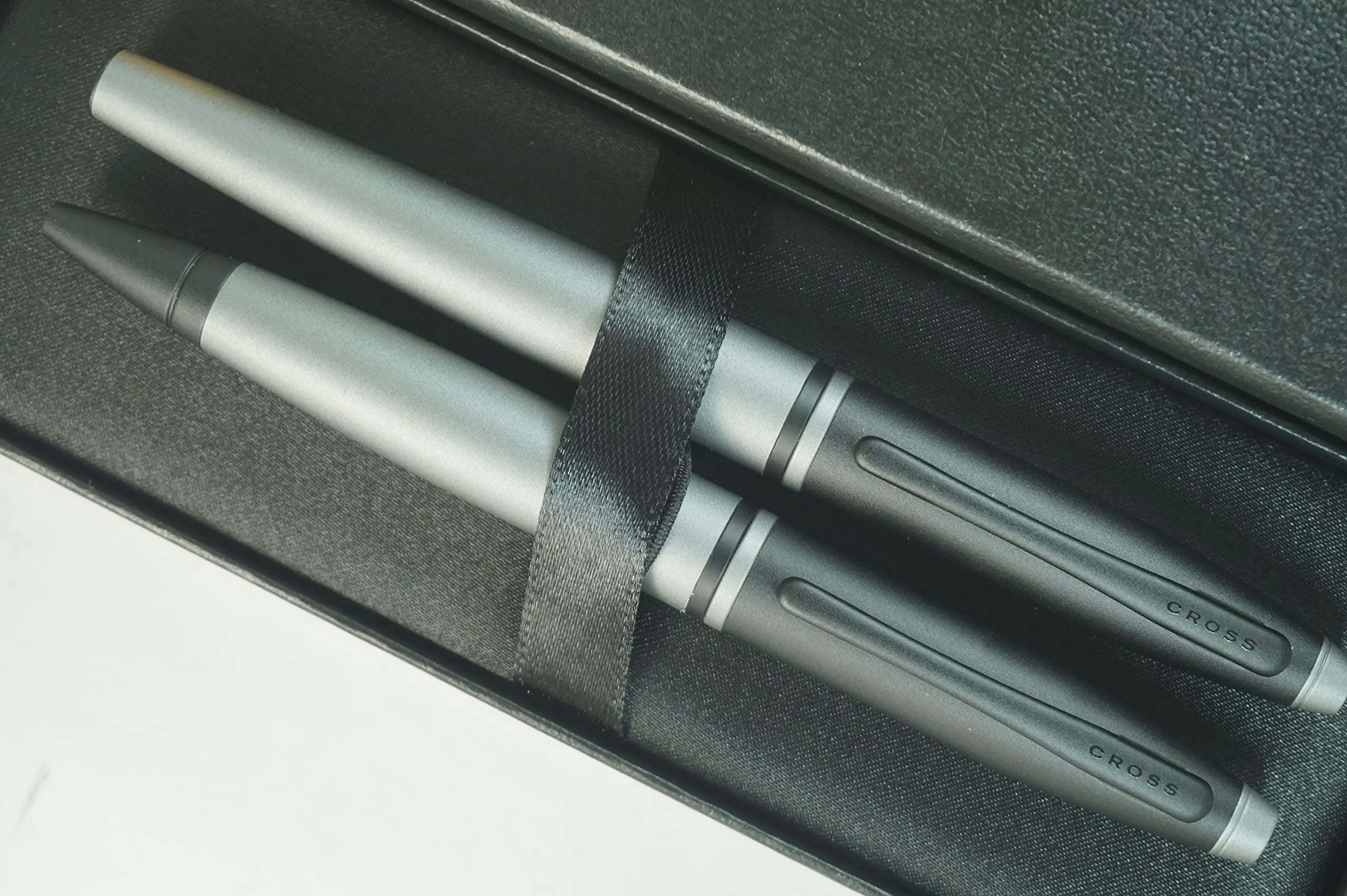 Cross A.T.Cross Calais Gray and Black, polished Chrome Appointments signature mid Band Selectip Black Gel Ink Rollerball pen and Ballpoint Pen set. A Great Gift Pen to anyone and any Occasion Cross
