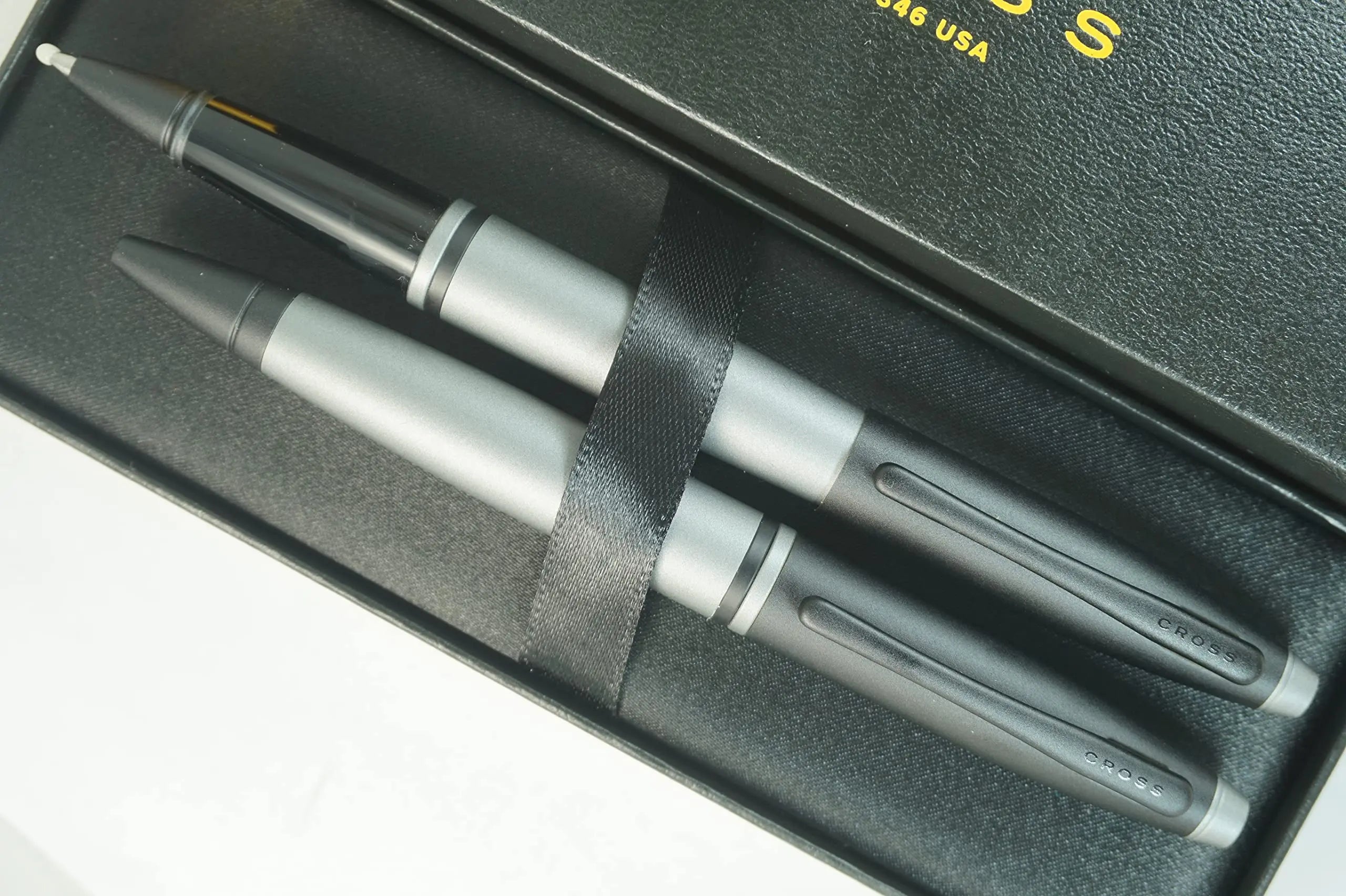 Cross A.T.Cross Calais Gray and Black, polished Chrome Appointments signature mid Band Selectip Black Gel Ink Rollerball pen and Ballpoint Pen set. A Great Gift Pen to anyone and any Occasion Cross
