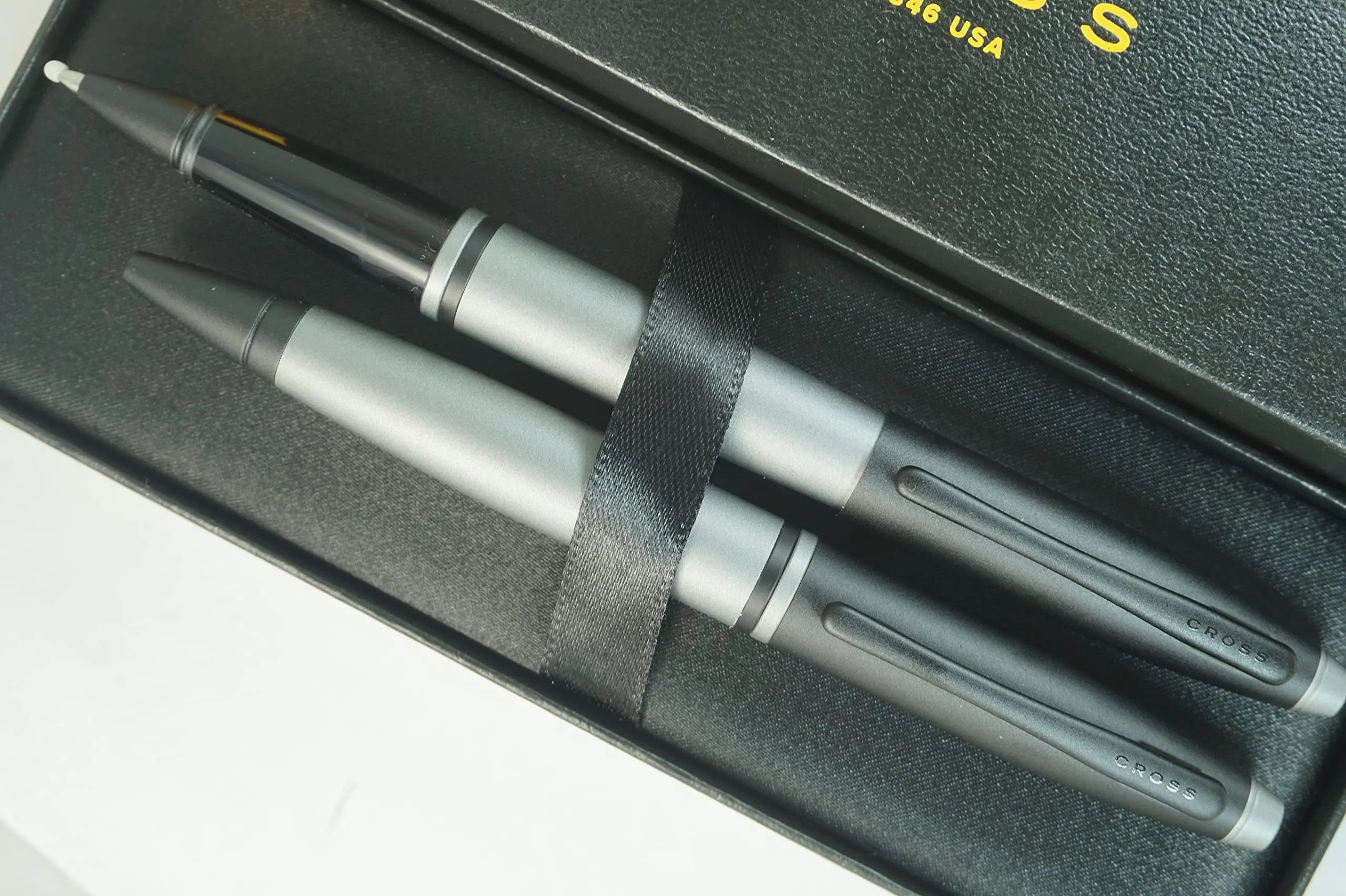 Cross A.T.Cross Calais Gray and Black, polished Chrome Appointments signature mid Band Selectip Black Gel Ink Rollerball pen and Ballpoint Pen set. A Great Gift Pen to anyone and any Occasion Cross