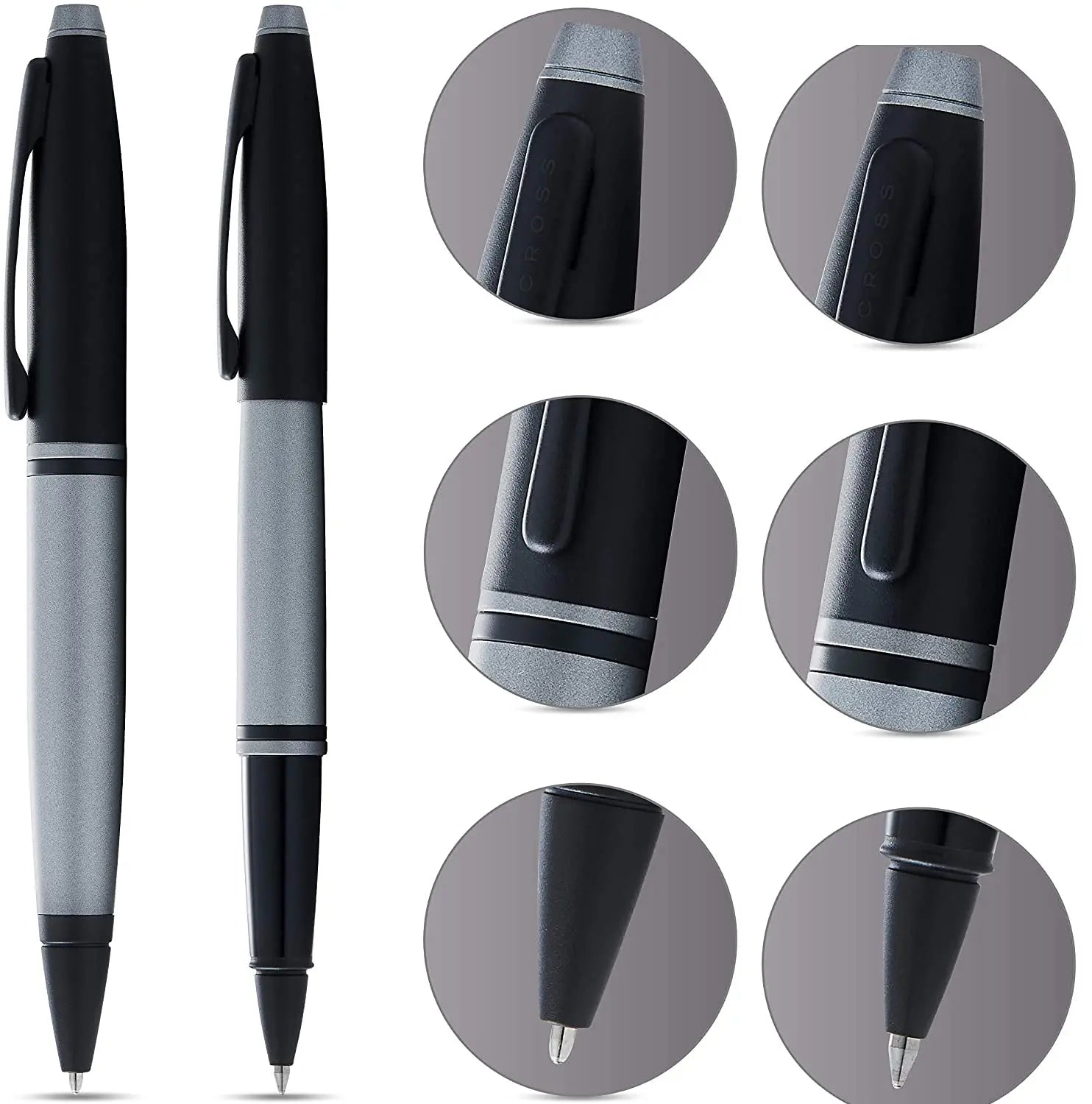 Cross A.T.Cross Calais Gray and Black, polished Chrome Appointments signature mid Band Selectip Black Gel Ink Rollerball pen and Ballpoint Pen set. A Great Gift Pen to anyone and any Occasion Cross