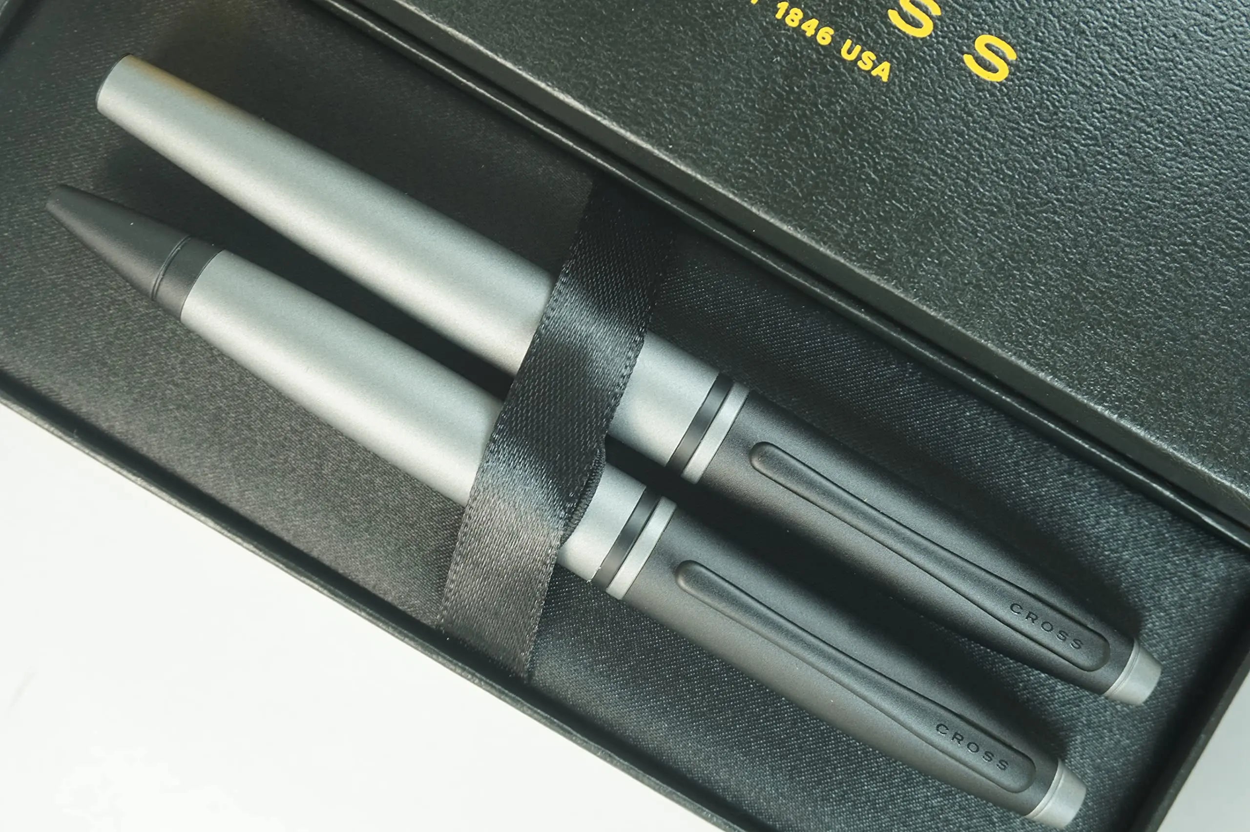Cross A.T.Cross Calais Gray and Black, polished Chrome Appointments signature mid Band Selectip Black Gel Ink Rollerball pen and Ballpoint Pen set. A Great Gift Pen to anyone and any Occasion Cross