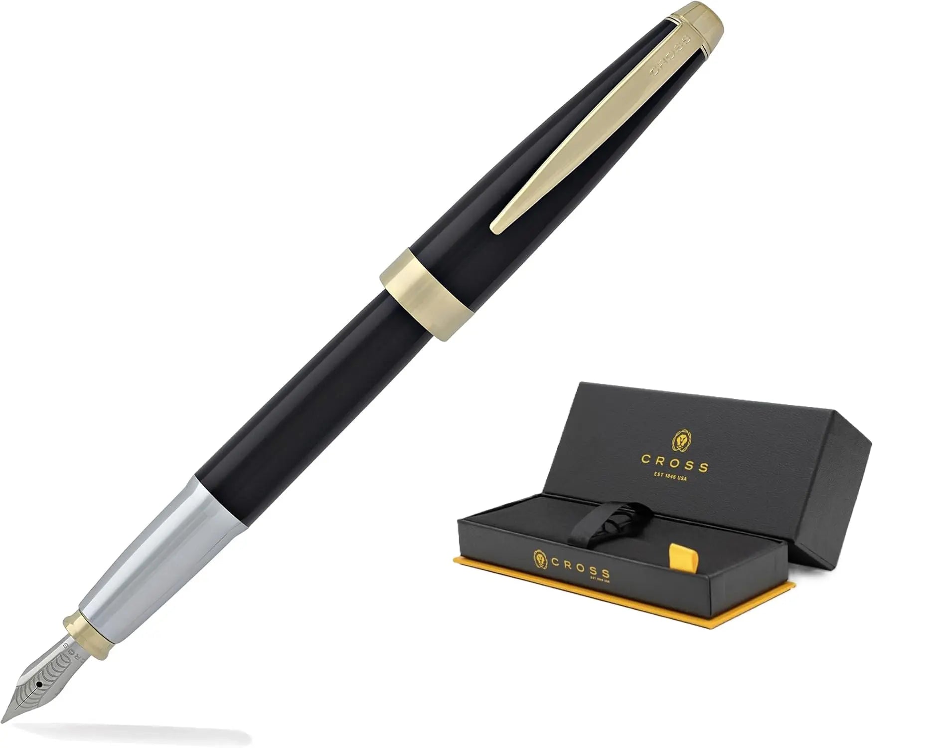 Cross Aventura Black and Gold Fountain Pen with Pronounced Gold tone Mid band, Medium Nib, Premium Gift box Cross