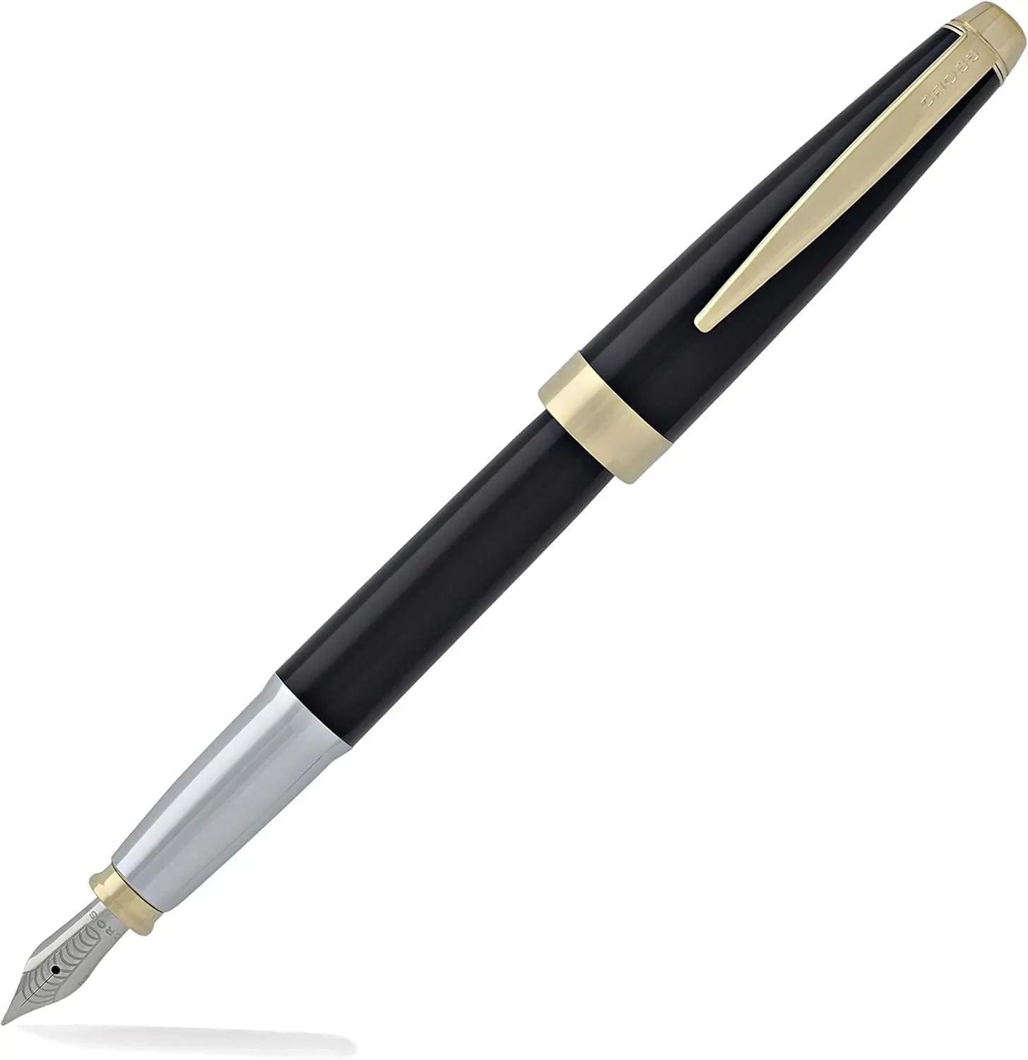 Cross Aventura Black and Gold Fountain Pen with Pronounced Gold tone Mid band, Medium Nib, Premium Gift box Cross