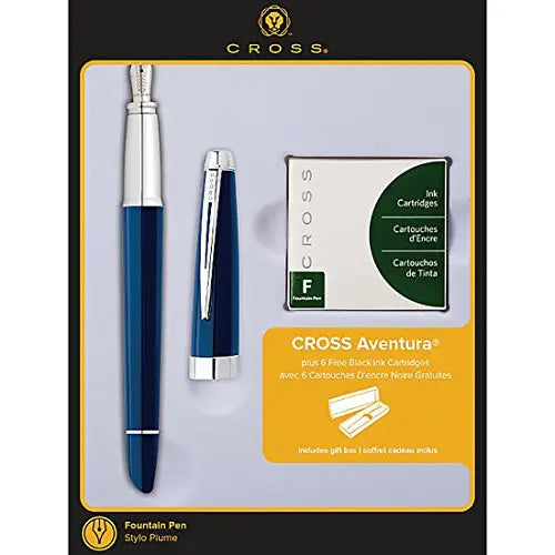 Cross Aventura Fountain Pen Blue with Polished Chrome Appointments + 6 Fountain Pen Cartridges, Medium Nib Cross