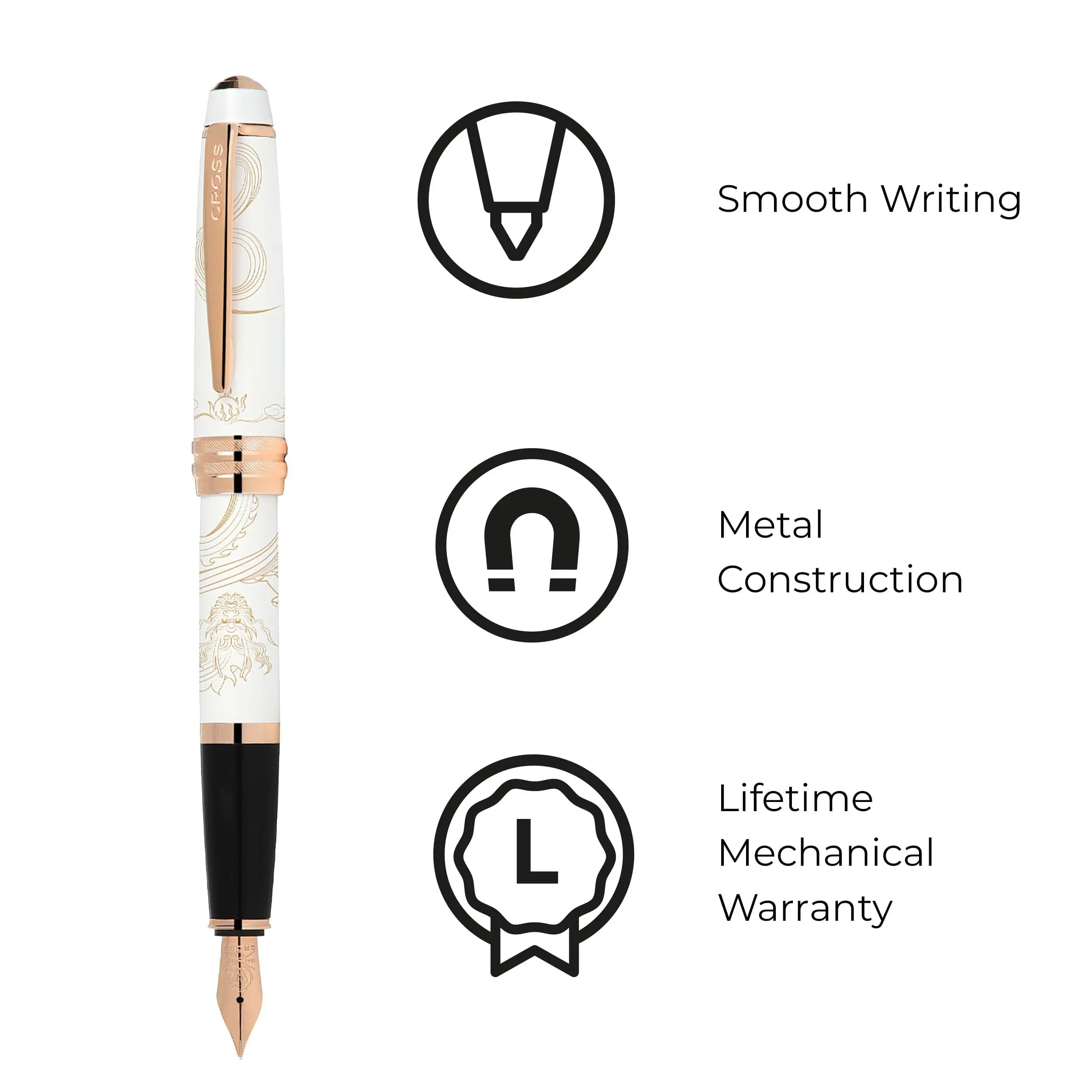 Cross Bailey 2024 Year of the Dragon Pearlescent White Lacquer Fountain Pen with Rose Gold Appointments - Fine Nib Cross