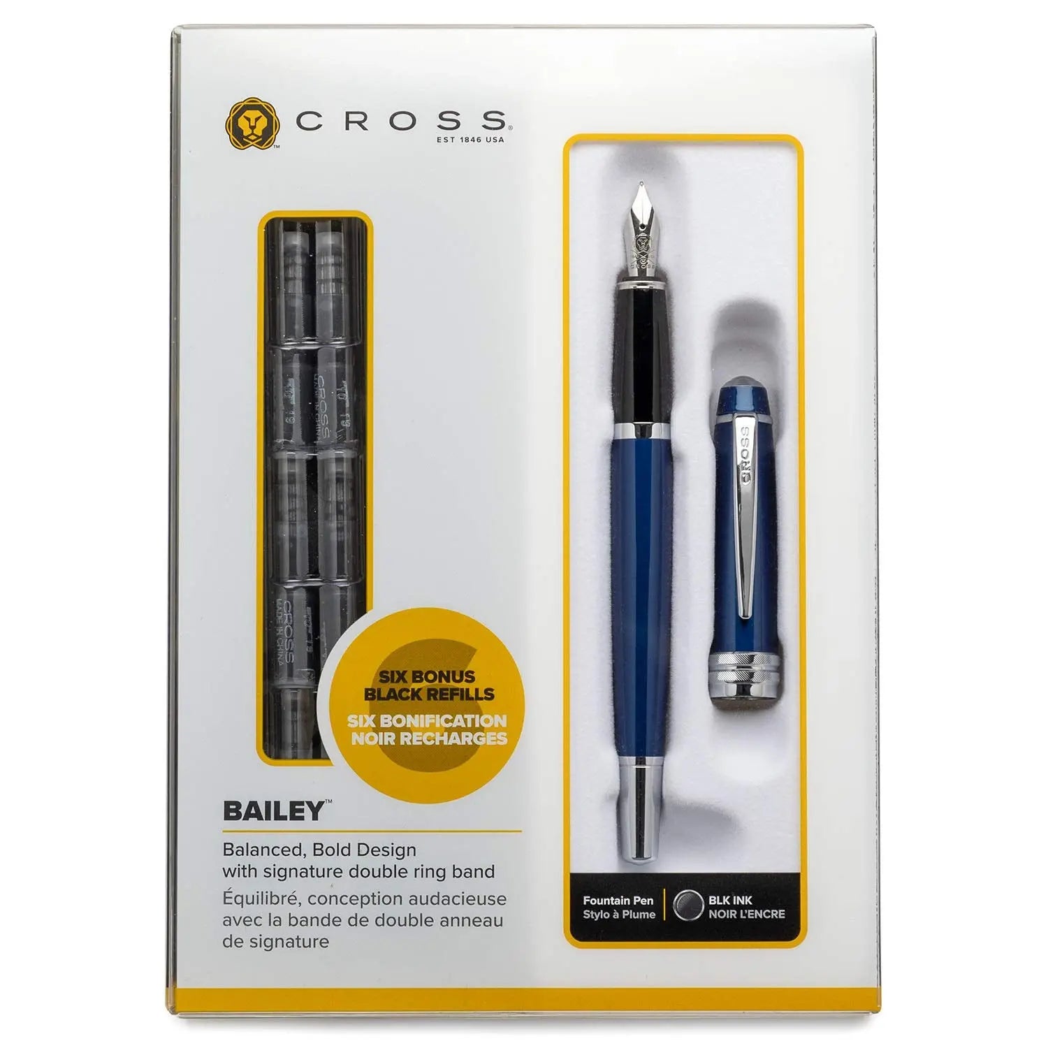 Cross Bailey Blue Lacquer Fountain Pen with 6 Refill Gift Box Cross