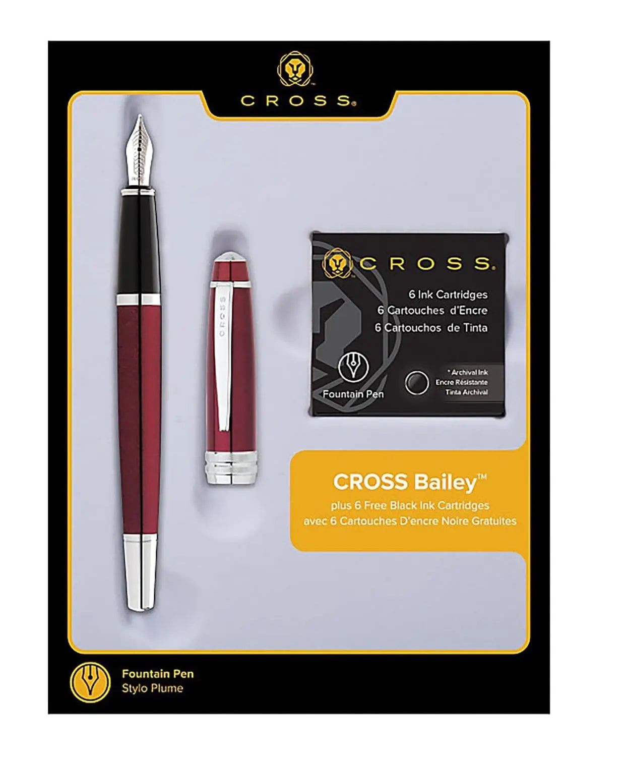 Cross Bailey Fountain Pen, Plus 6 Free Black ink Cartridges - Red Lacquer - crosspenmall.com