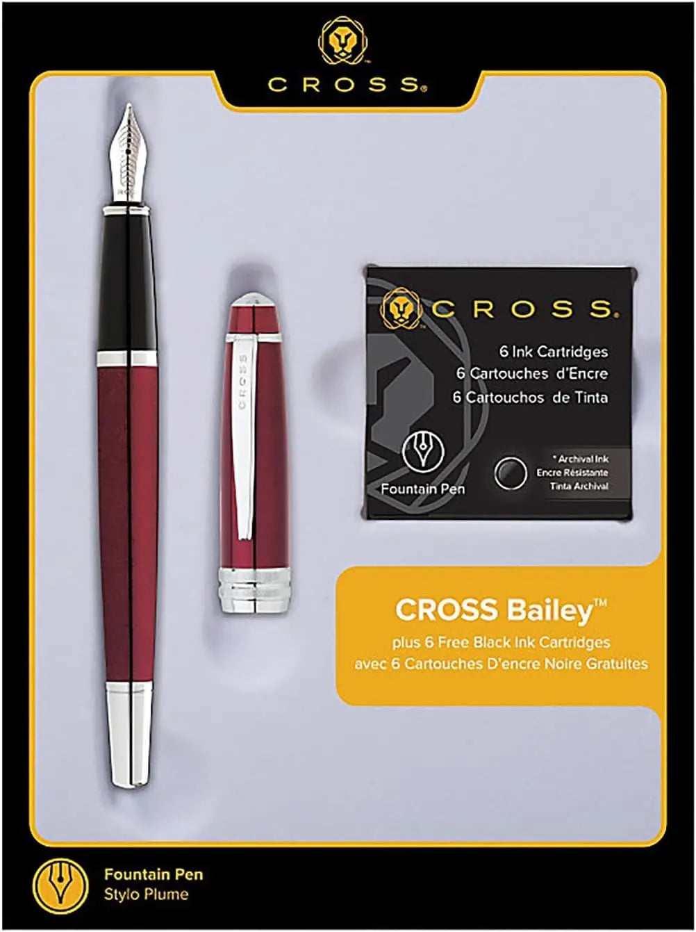 Cross Bailey Fountain Pen, Plus 6 Free Black ink Cartridges - Red Lacquer - crosspenmall.com