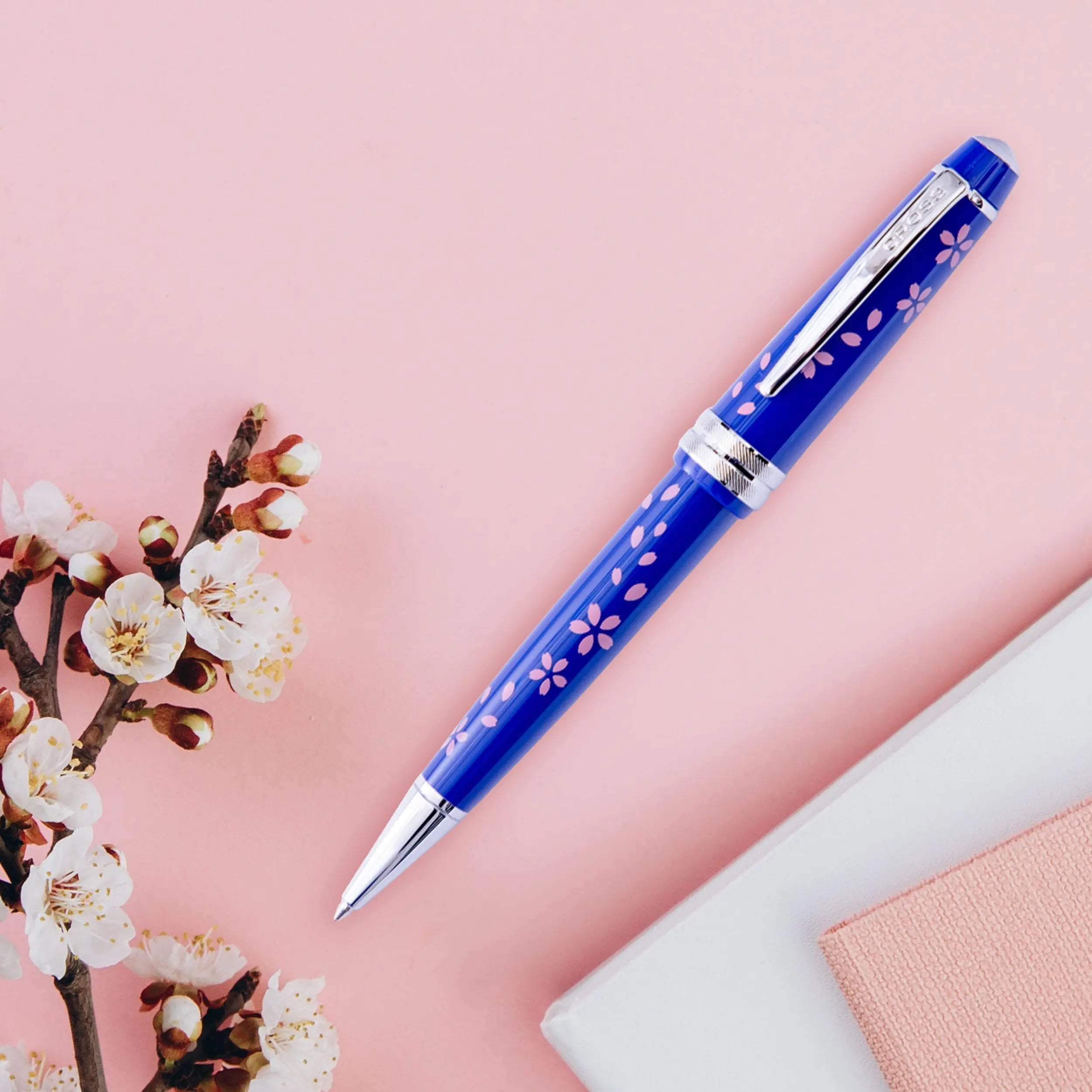 Cross Bailey Light Cherry Blossom Glossy Blue Resin with Polished Chrome Appointments Ballpoint Pen Cross