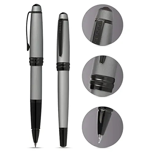 Cross Bailey Matte Grey Lacquer Rolling Ball Pen with polished black PVD appointments - crosspenmall.com