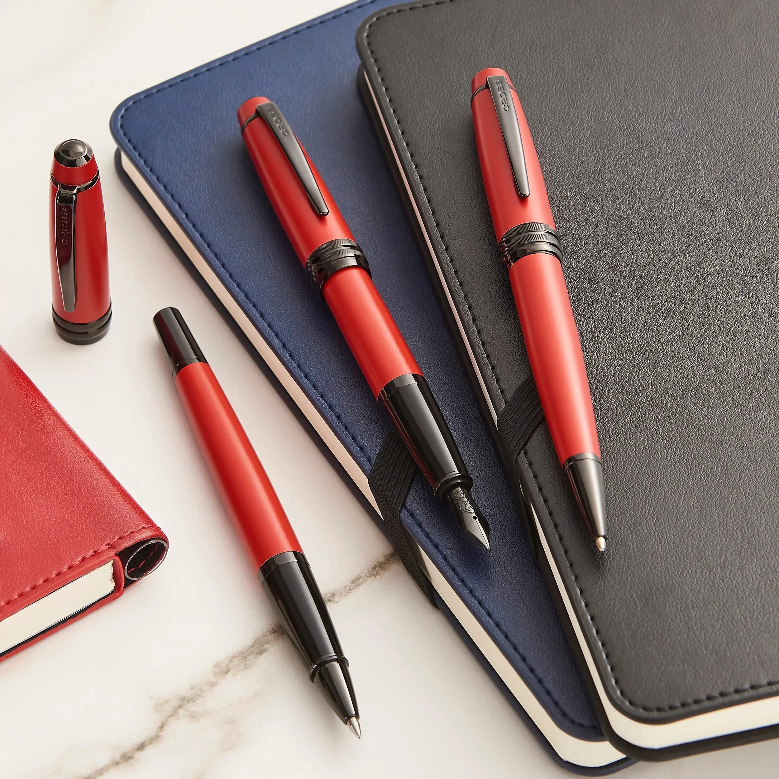 Cross Bailey Matte Red Lacquer Fountain Pen with polished black PVD appointments, Fine Nib Cross