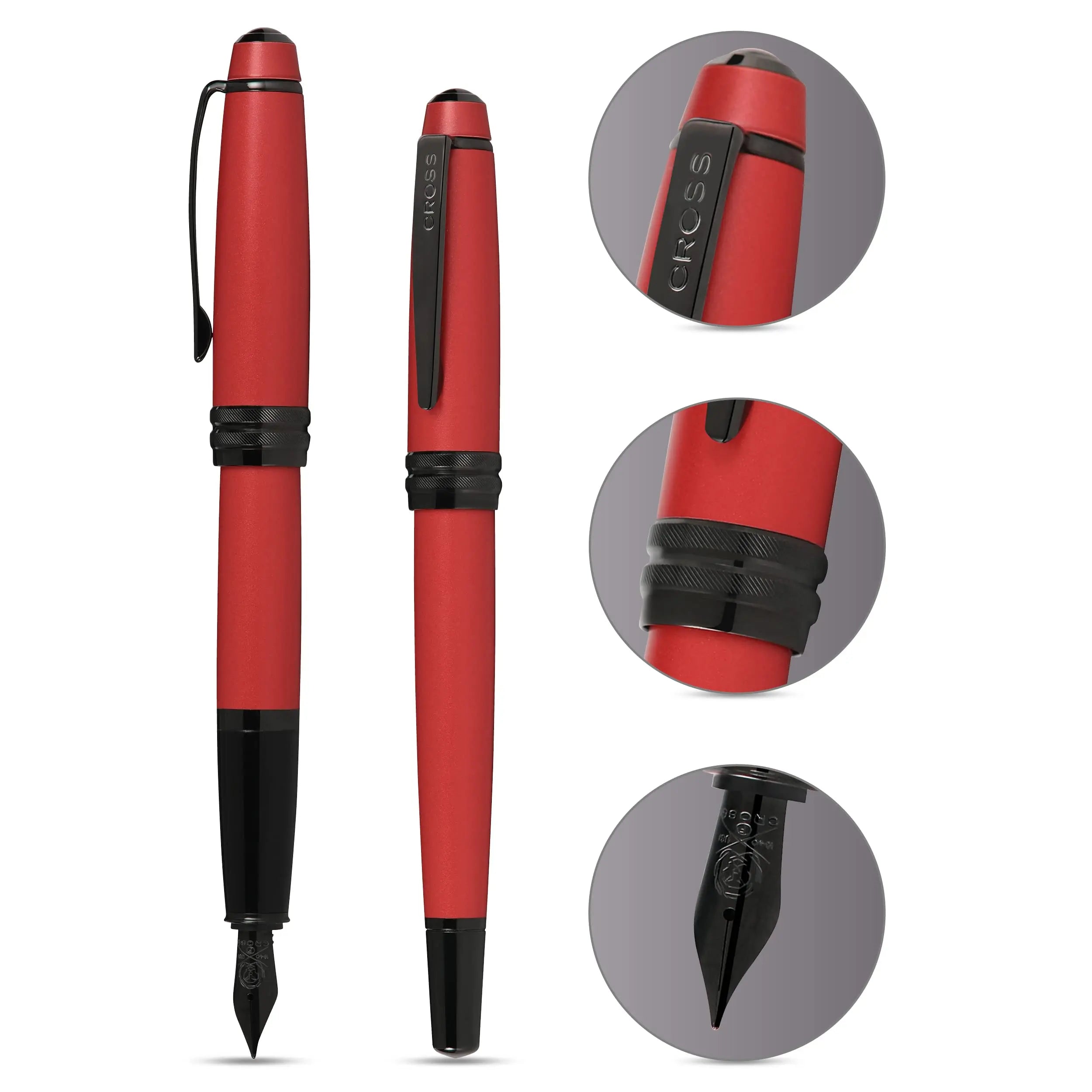 Cross Bailey Matte Red Lacquer Fountain Pen with polished black PVD appointments, Medium Nib - crosspenmall.com