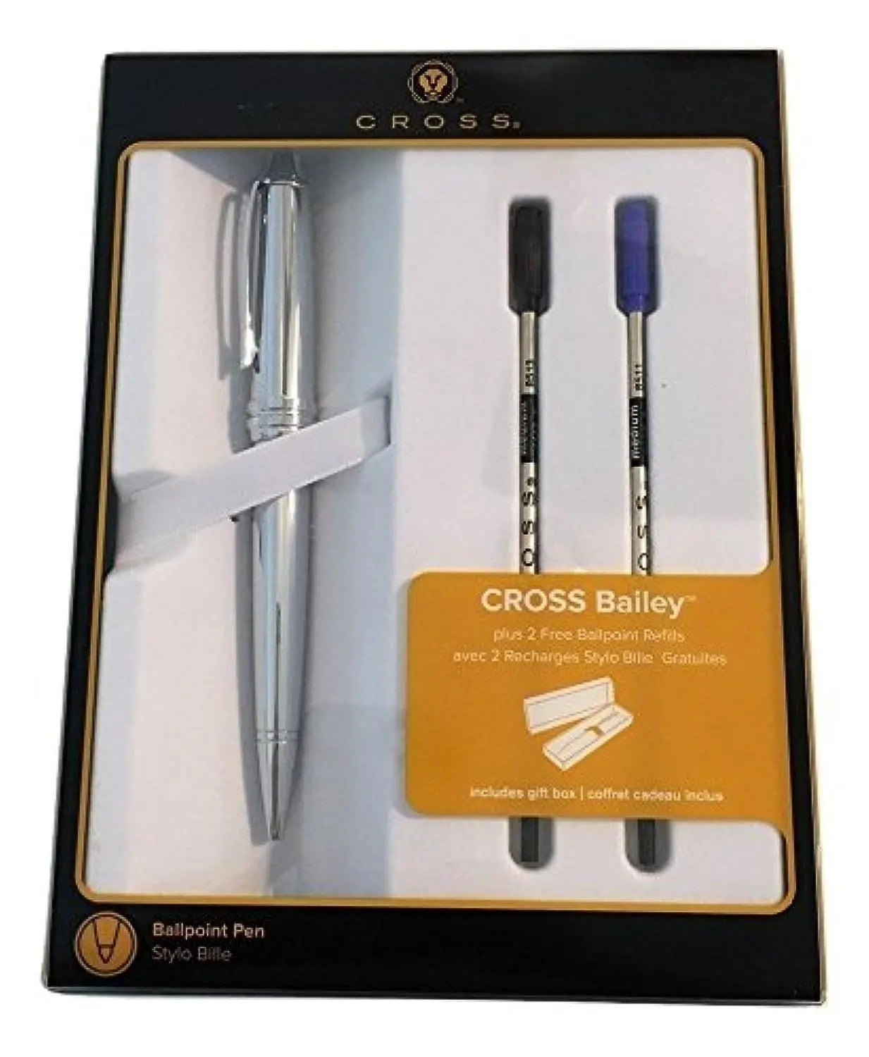 Cross Bailey Polished Chrome Ballpoint Pen + 2 Free Refills 1 Black, 1 Blue Cross