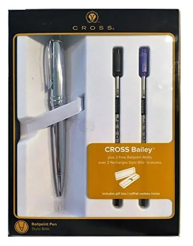 Cross Bailey Polished Chrome Ballpoint Pen + 2 Free Refills 1 Black, 1 Blue Cross