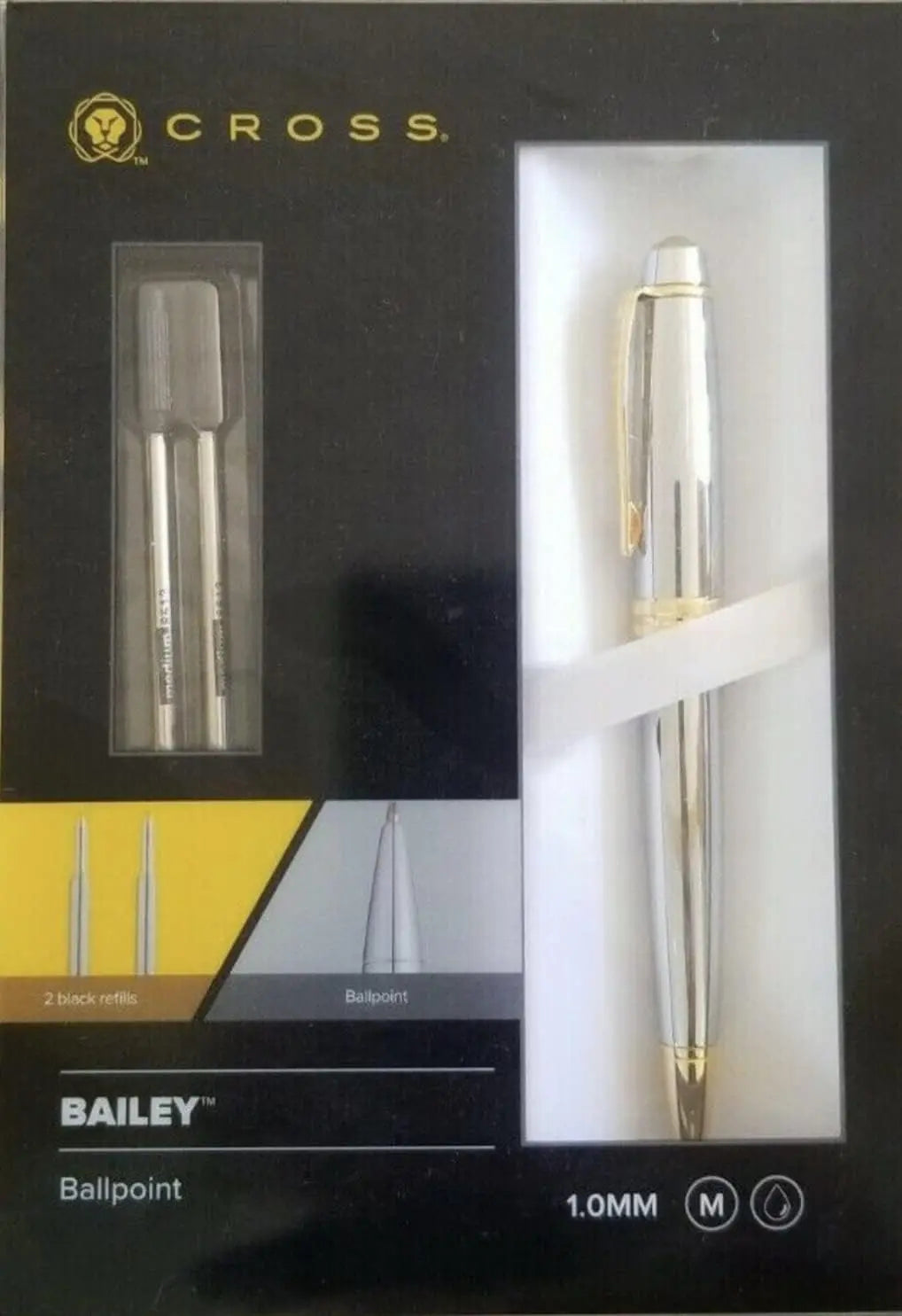 Cross Bailey Polished Chrome Ballpoint Pen + 2 Free Refills 1 Black, 1 Blue Cross