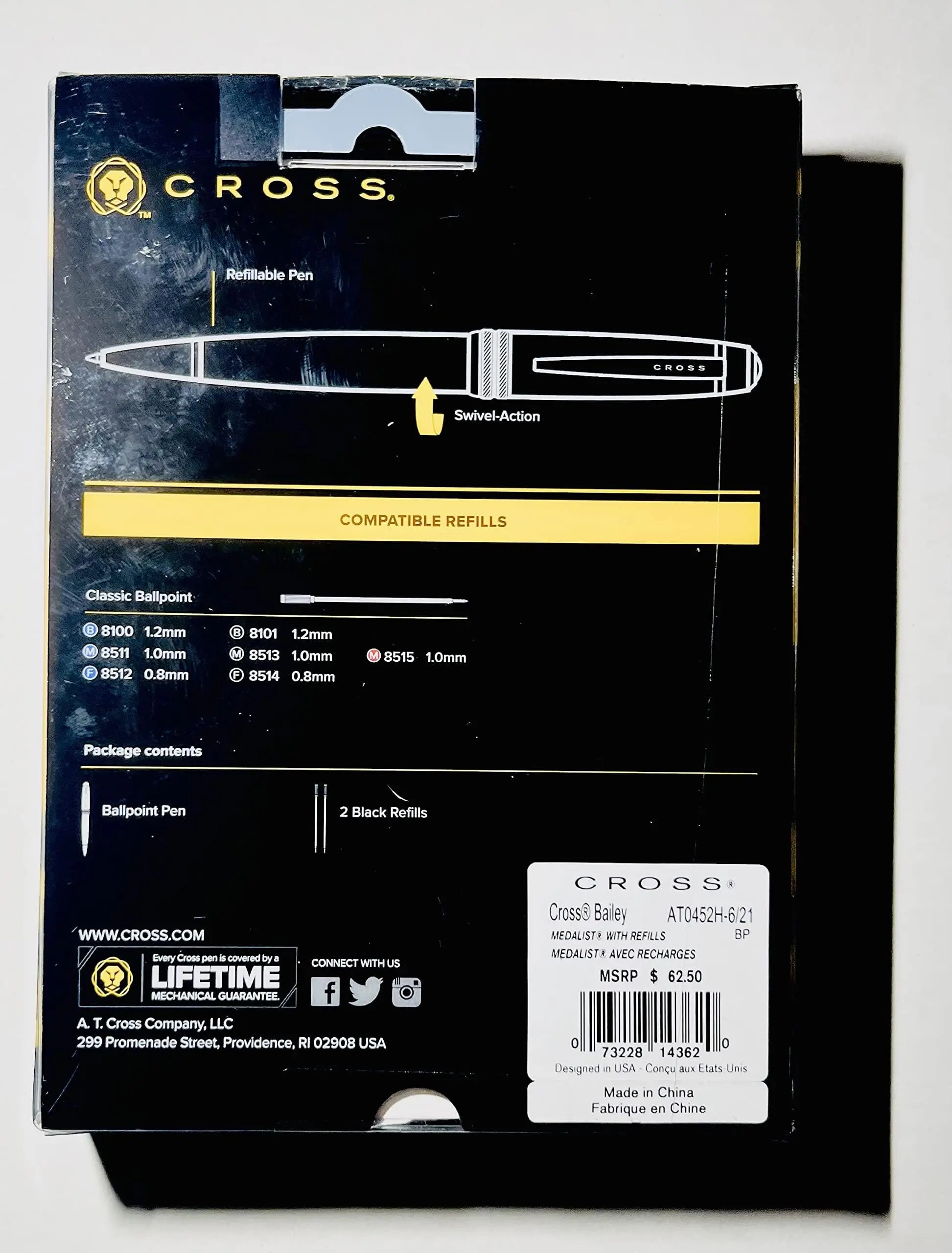 Cross Bailey Polished Chrome Ballpoint Pen + 2 Free Refills 1 Black, 1 Blue Cross