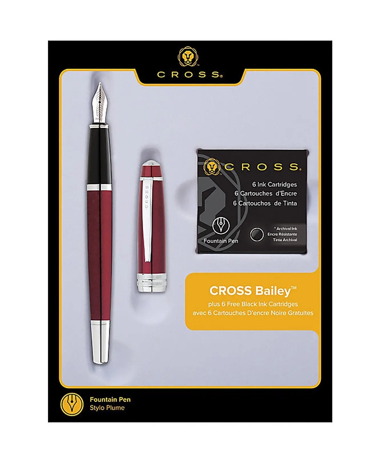 Cross Bailey Red Fountain Pen with Ink Cartridges, Medium Cross