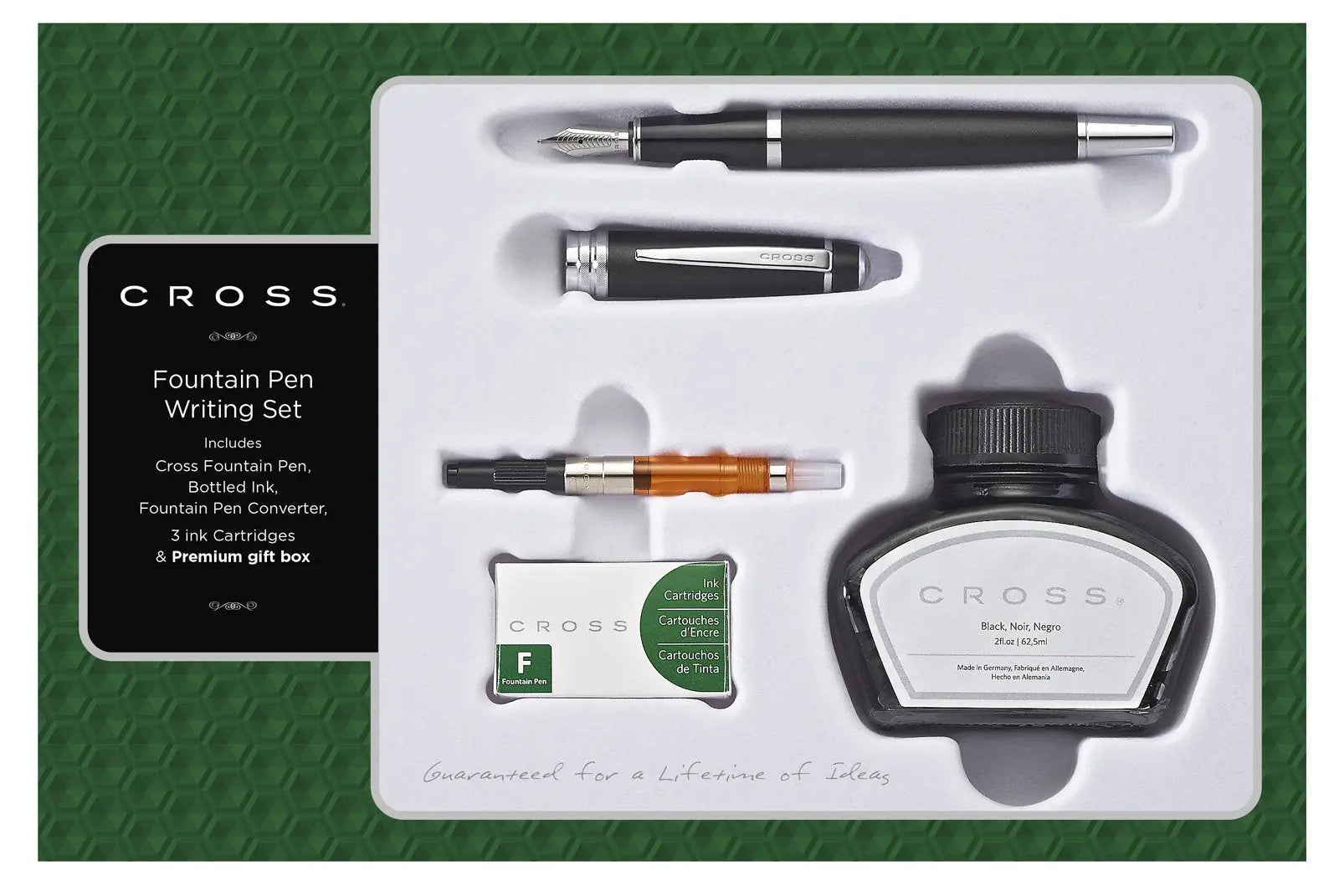 Cross Bailey Refillable Fountain Pen, Medium Nib Gift Set, Includes Fountain Pen, Ink Cartridges, Bottle Ink, Converter, Premium Gift Box - Black Cross