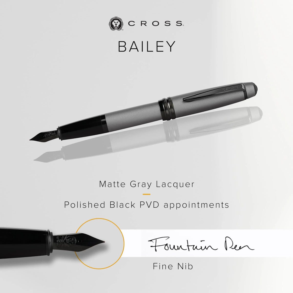 Cross Bailey Refillable Fountain Presented in a Premium Gift Box - Medium Point, Black Ink, Matte Gray cross
