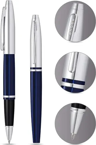 Cross Calais Refillable Gel Ink Rollerball Pen, Medium Rollerball, Includes Premium Gift Box - Chrome/Blue - crosspenmall.com