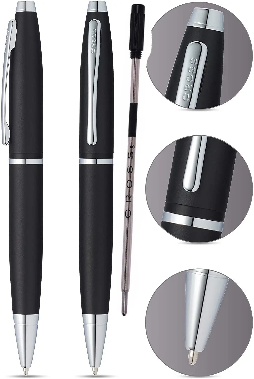 Cross Calais Satin Black barrel signature mid Band and polished Appointment Ballpoint Pen and Bonus Black refill Cross