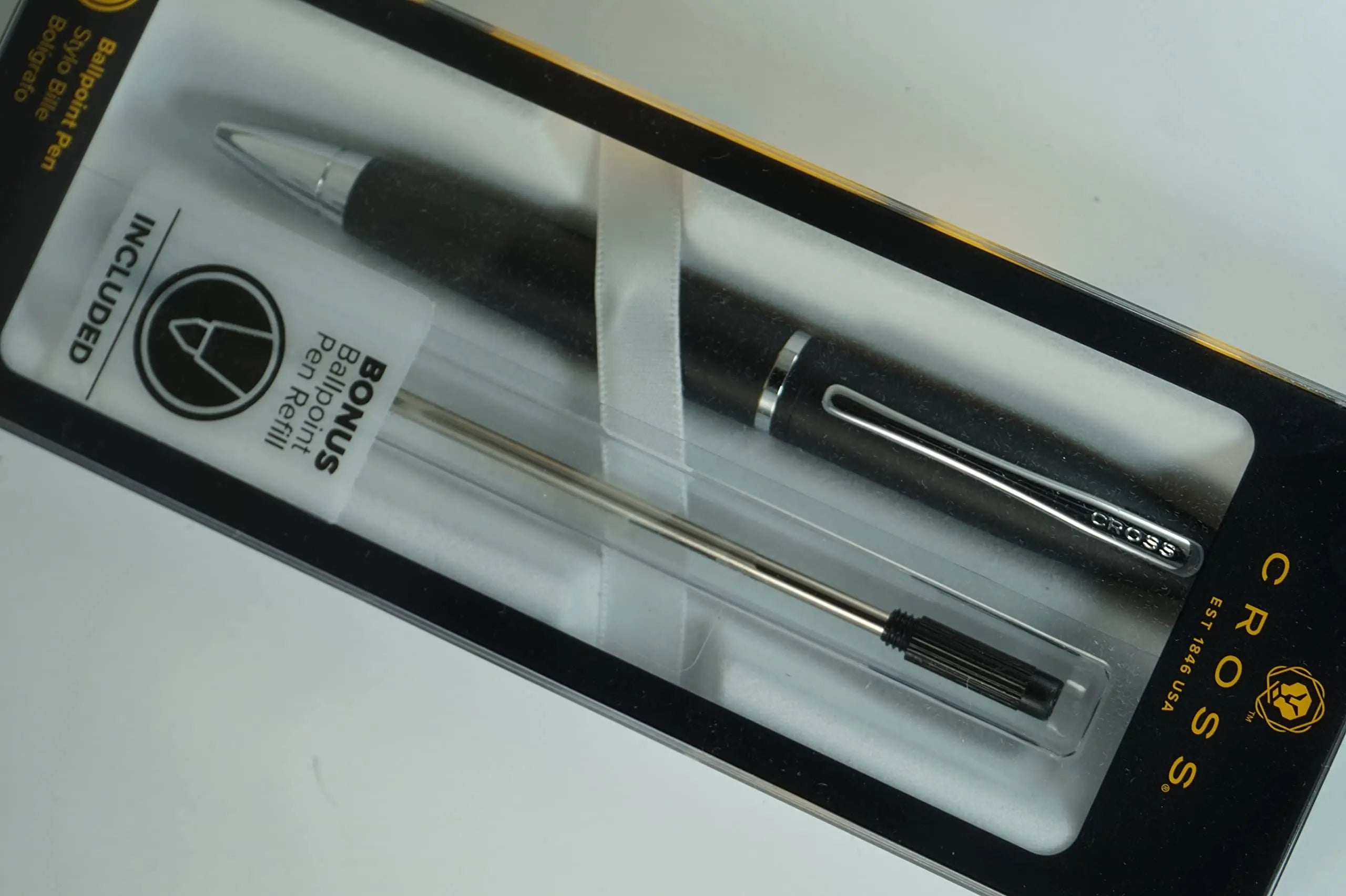 Cross Calais Satin Black barrel signature mid Band and polished Appointment Ballpoint Pen and Bonus Black refill Cross