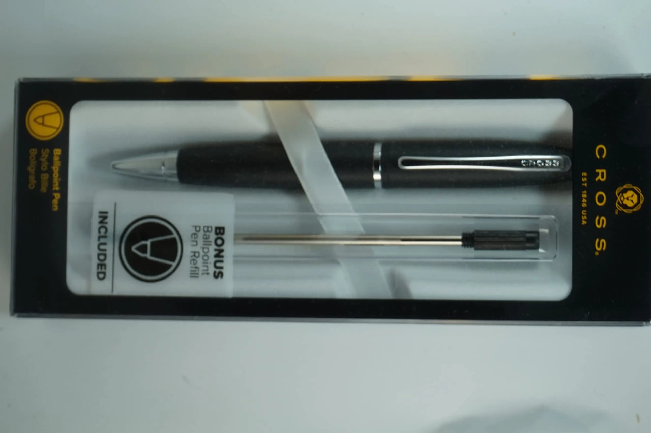 Cross Calais Satin Black barrel signature mid Band and polished Appointment Ballpoint Pen and Bonus Black refill Cross