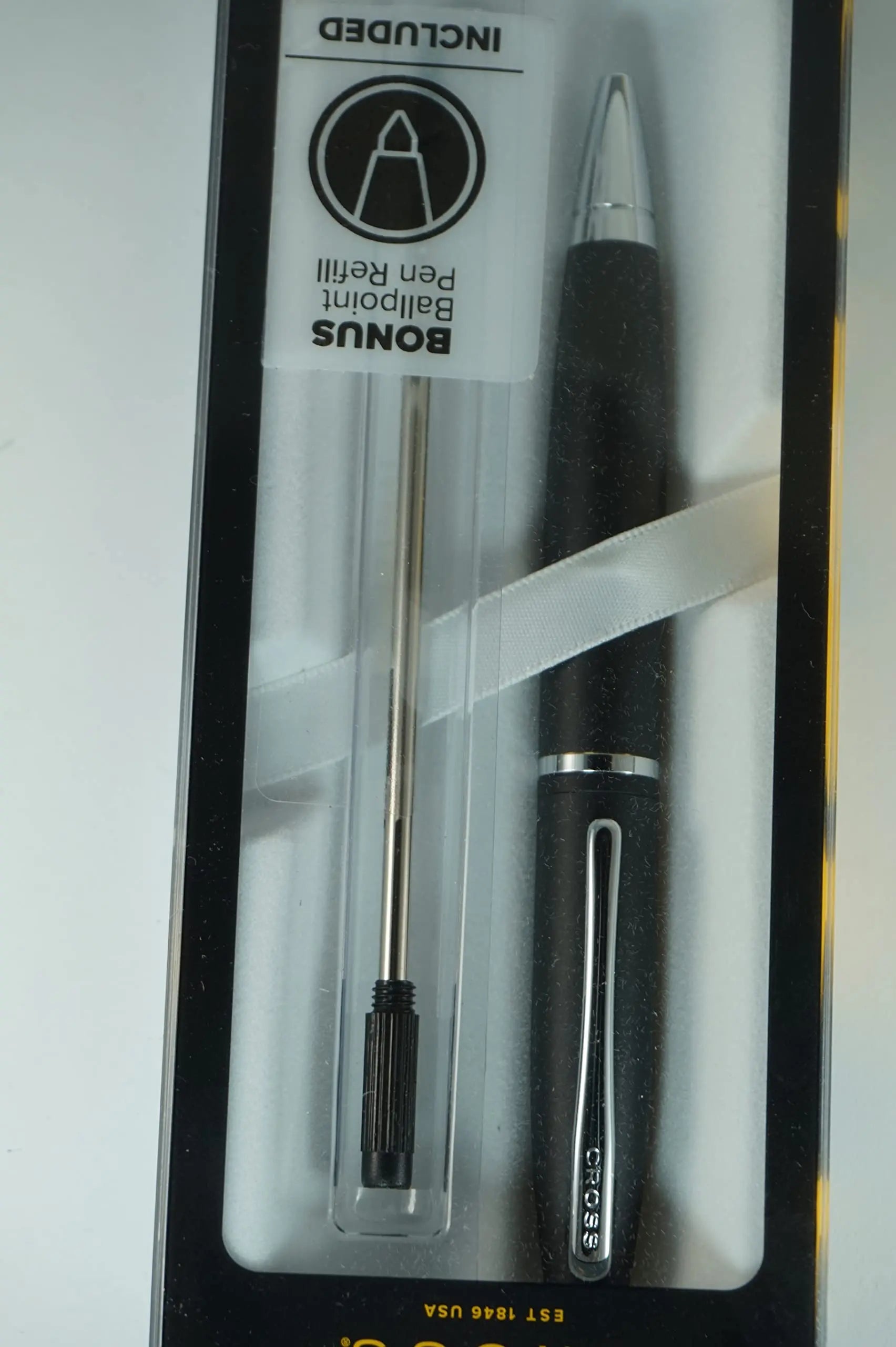 Cross Calais Satin Black barrel signature mid Band and polished Appointment Ballpoint Pen and Bonus Black refill Cross