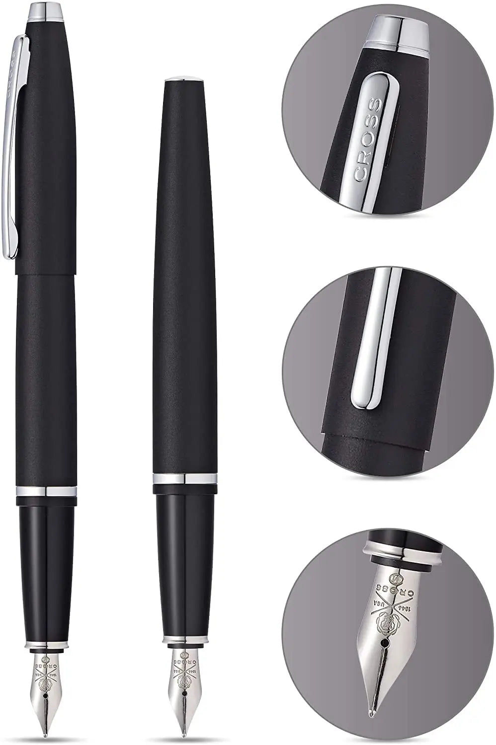 Cross Calais Satin Black, polished Chrome Appointments and Cross signature mid Band Medium Point Fountain Pen in Large Pristine Corporate gift box - crosspenmall.com